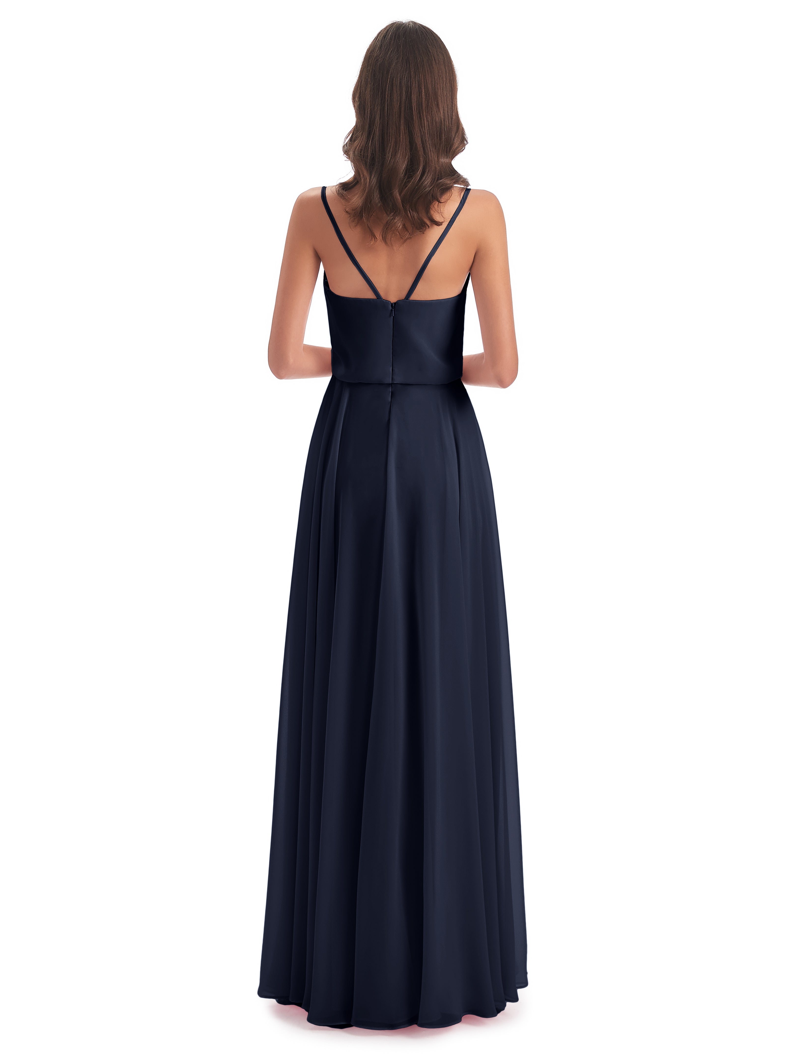Robes De Demoiselle D'Honneur Bleu Marine Foncé Bretelles Spaghetti Mousseline Longue Robes Demoiselle D'Honneur