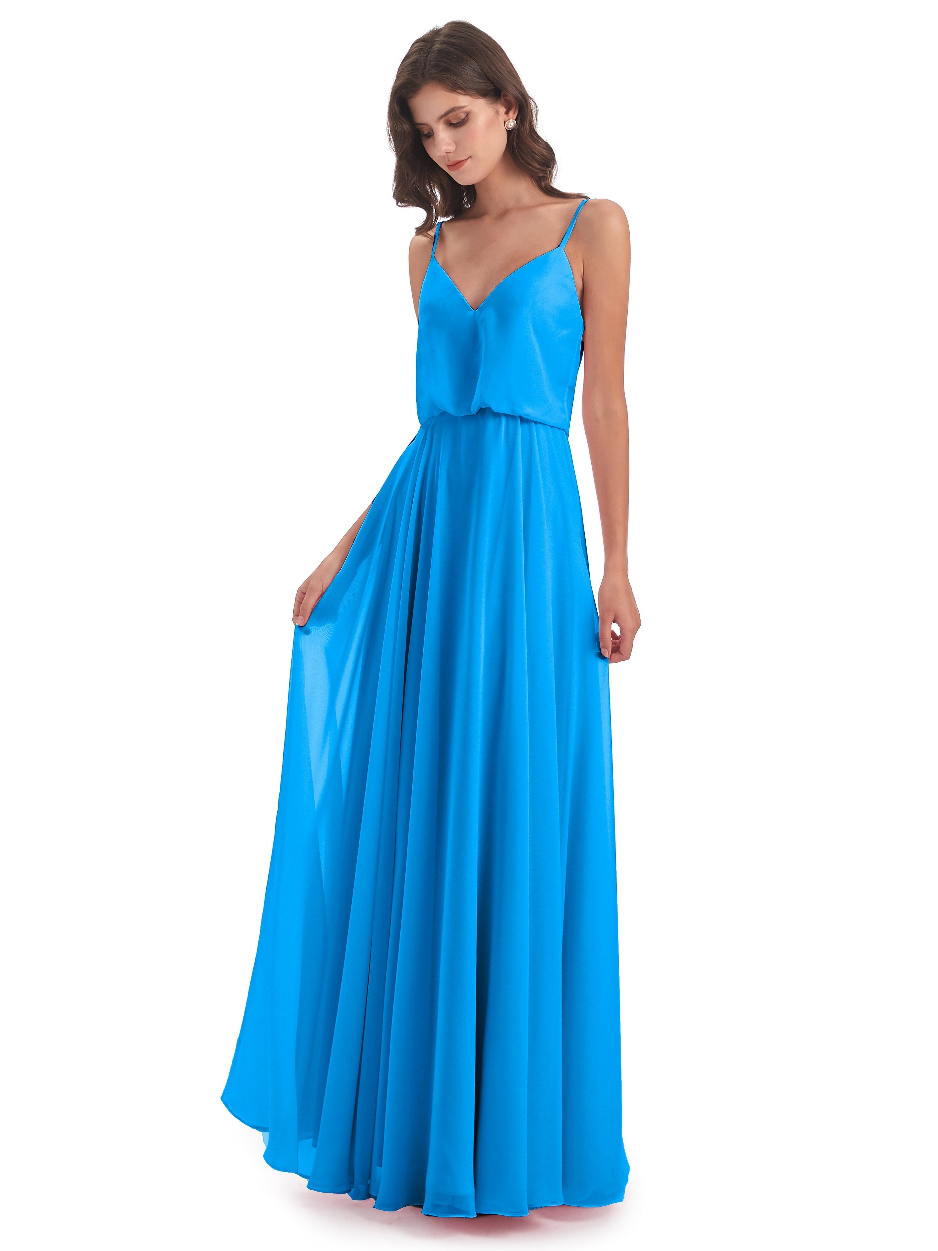 Robes De Demoiselle D'Honneur Bleu Océan Bretelles Spaghetti Mousseline Longue Robes Demoiselle D'Honneur