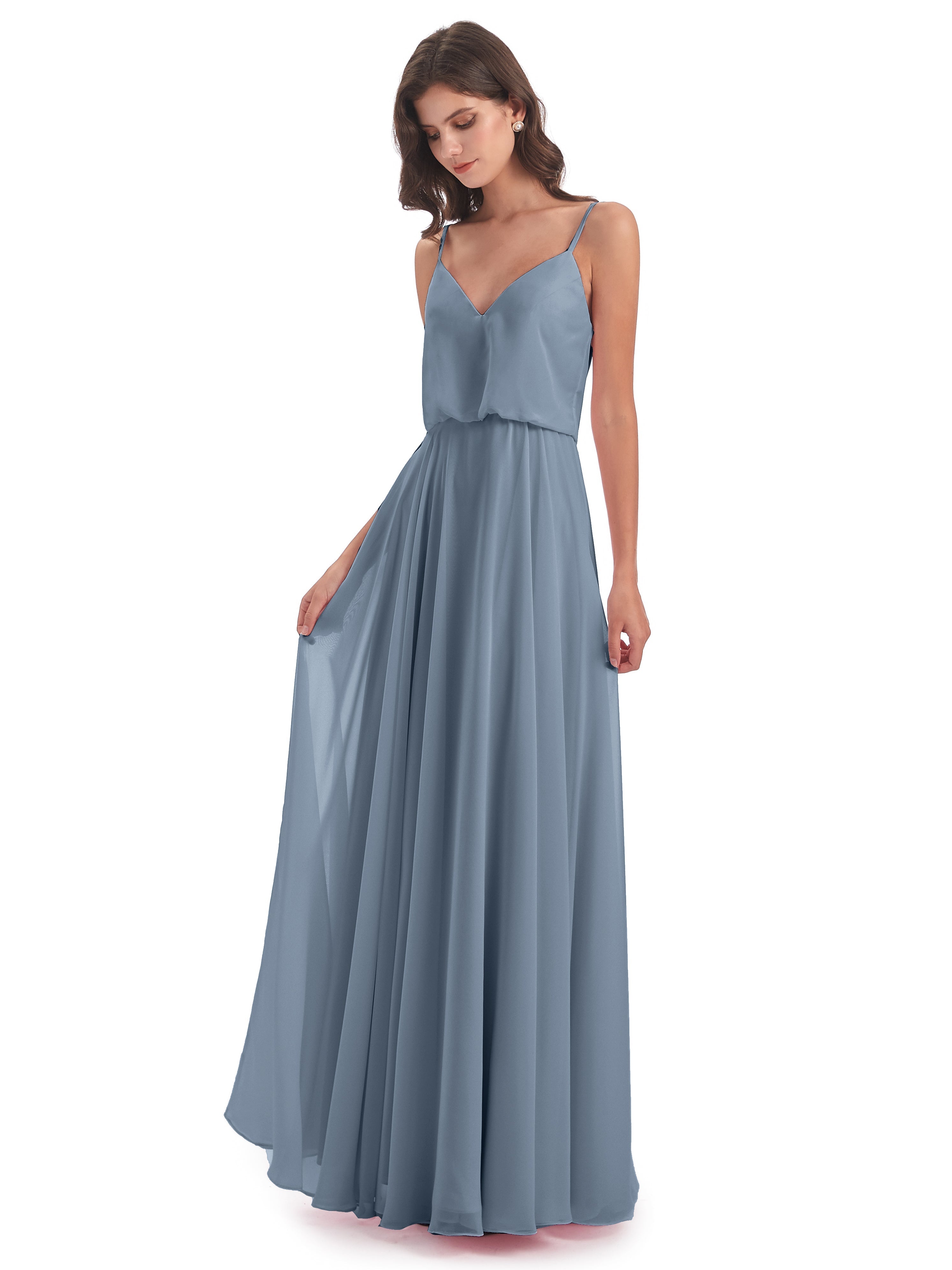 Robes De Demoiselle D'Honneur Bleu Poudre Bretelles Spaghetti Mousseline Longue Robes Demoiselle D'Honneur