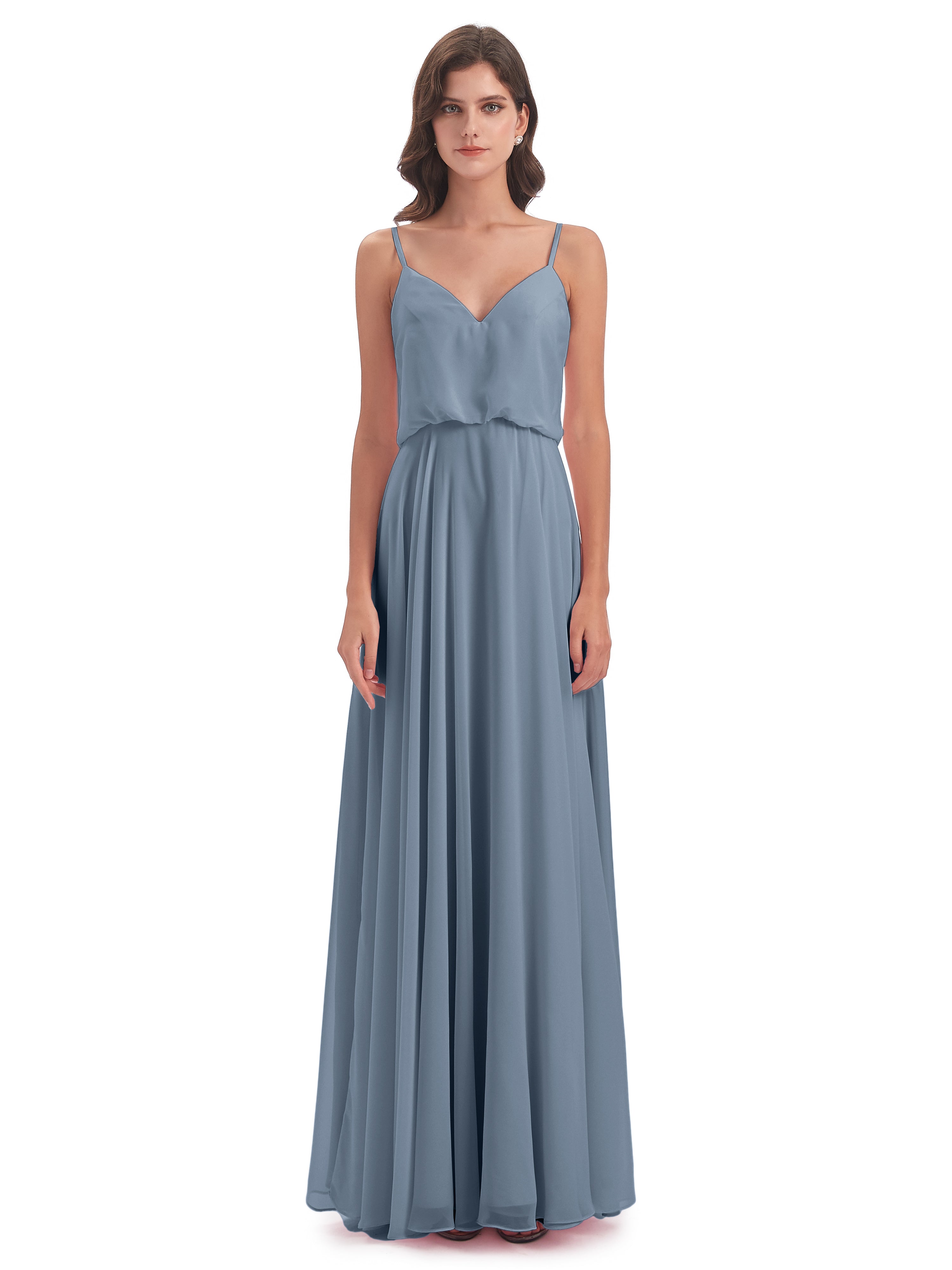 Robes De Demoiselle D'Honneur Bleu Poudre Bretelles Spaghetti Mousseline Longue Robes Demoiselle D'Honneur