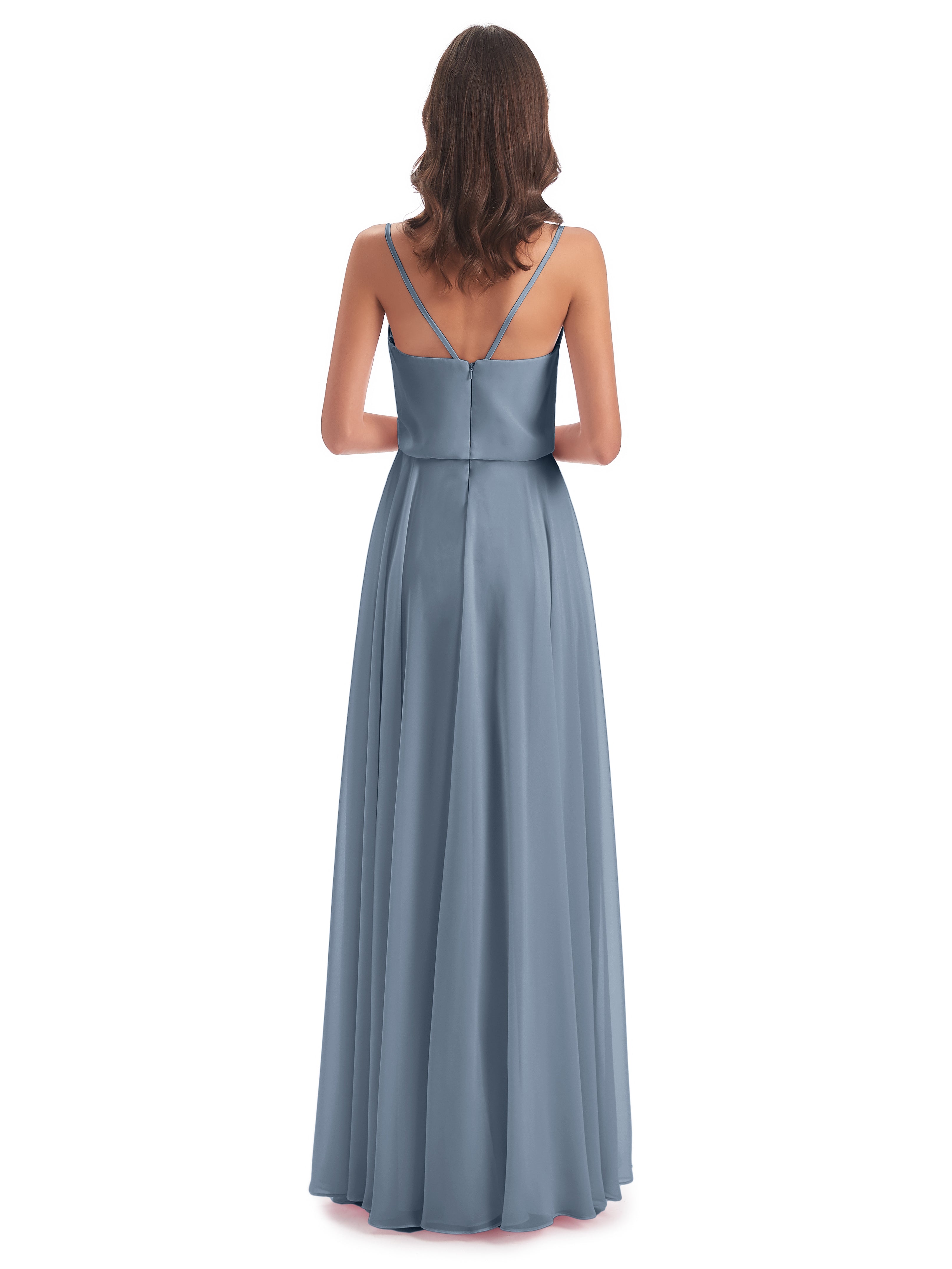 Robes De Demoiselle D'Honneur Bleu Poudre Bretelles Spaghetti Mousseline Longue Robes Demoiselle D'Honneur