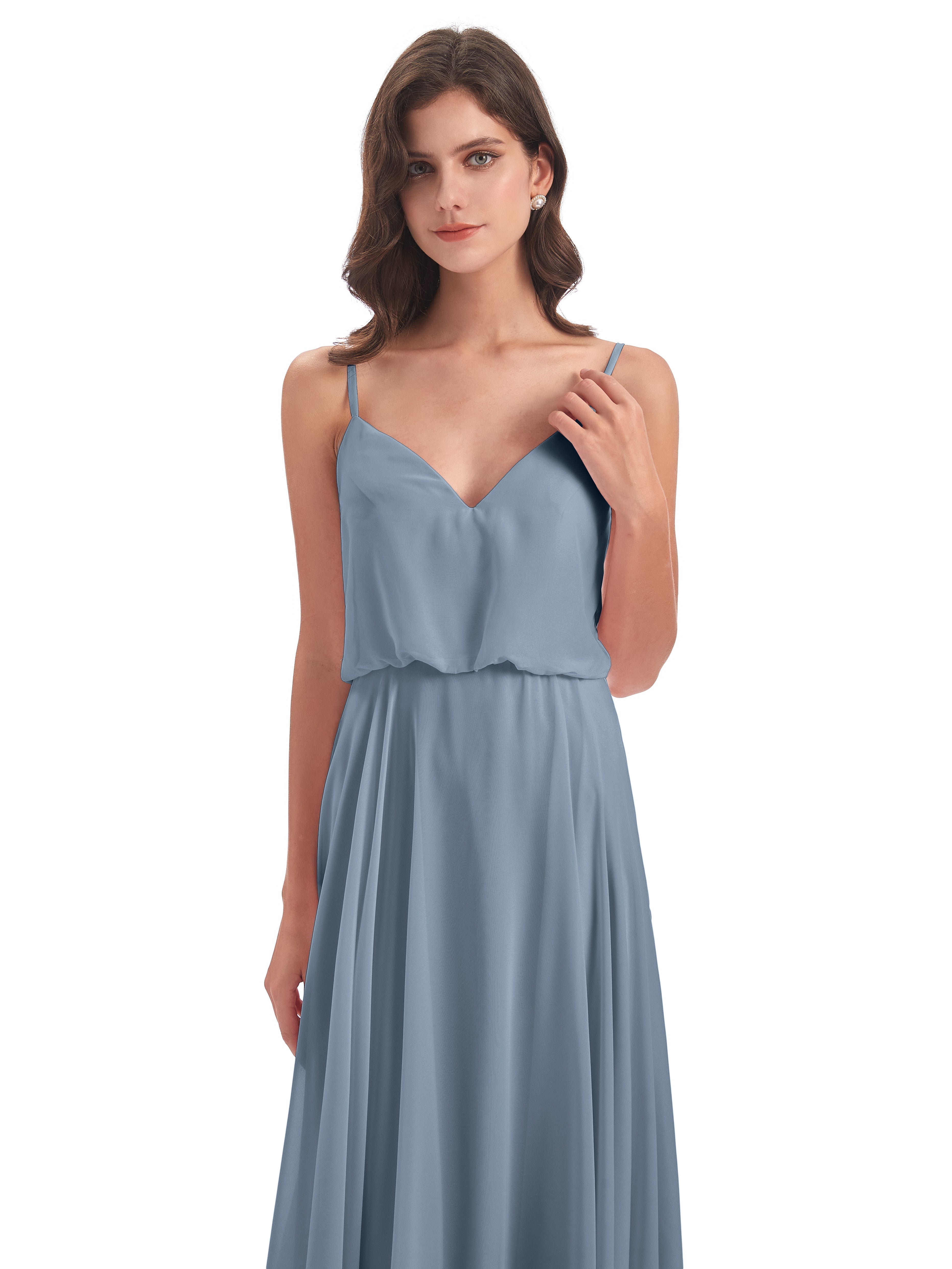 Robes De Demoiselle D'Honneur Bleu Poudre Bretelles Spaghetti Mousseline Longue Robes Demoiselle D'Honneur