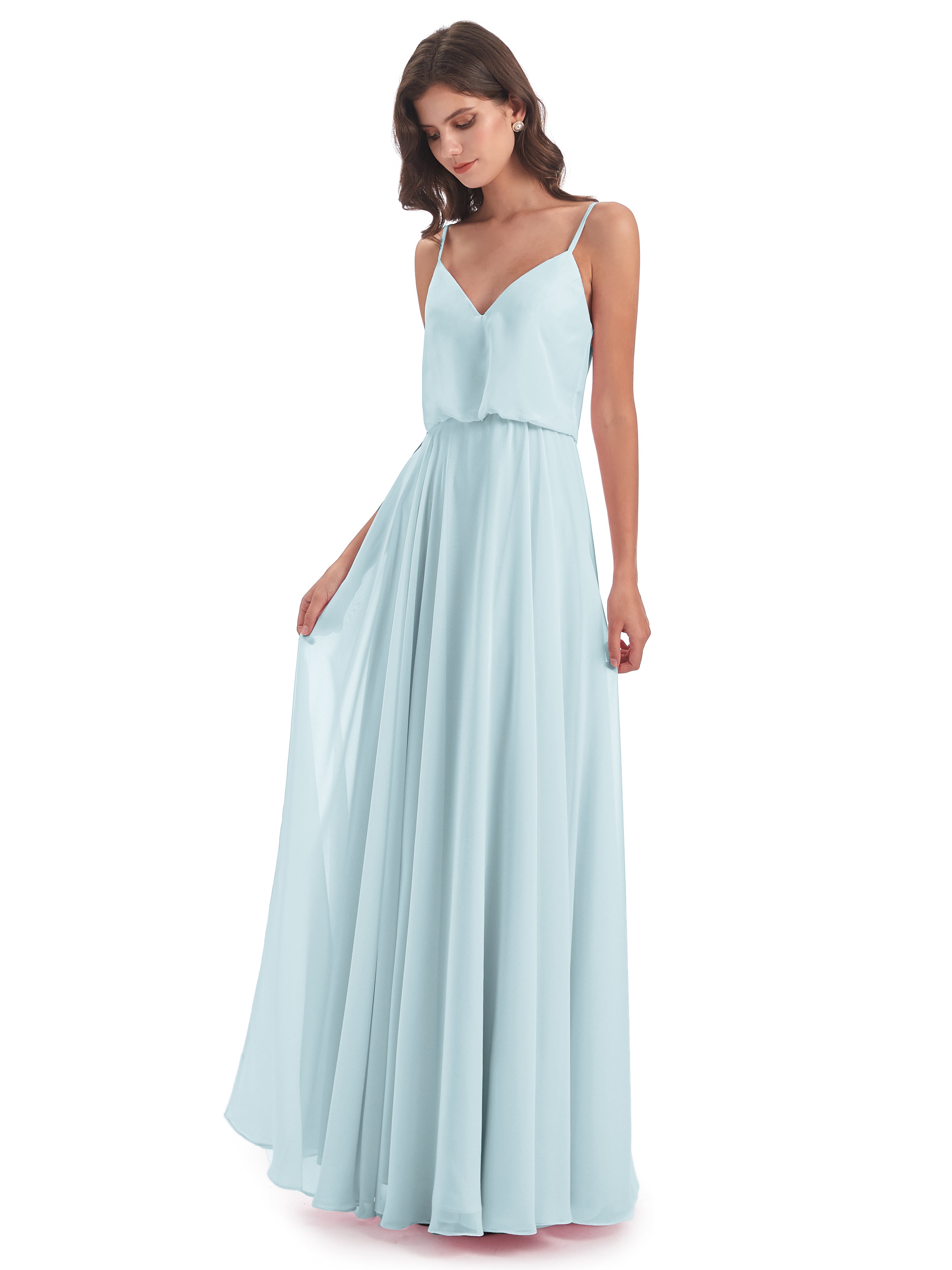 Robe De Demoiselle D'Honneur Brume Bretelles Spaghetti Mousseline Longue Robes Demoiselle D'Honneur