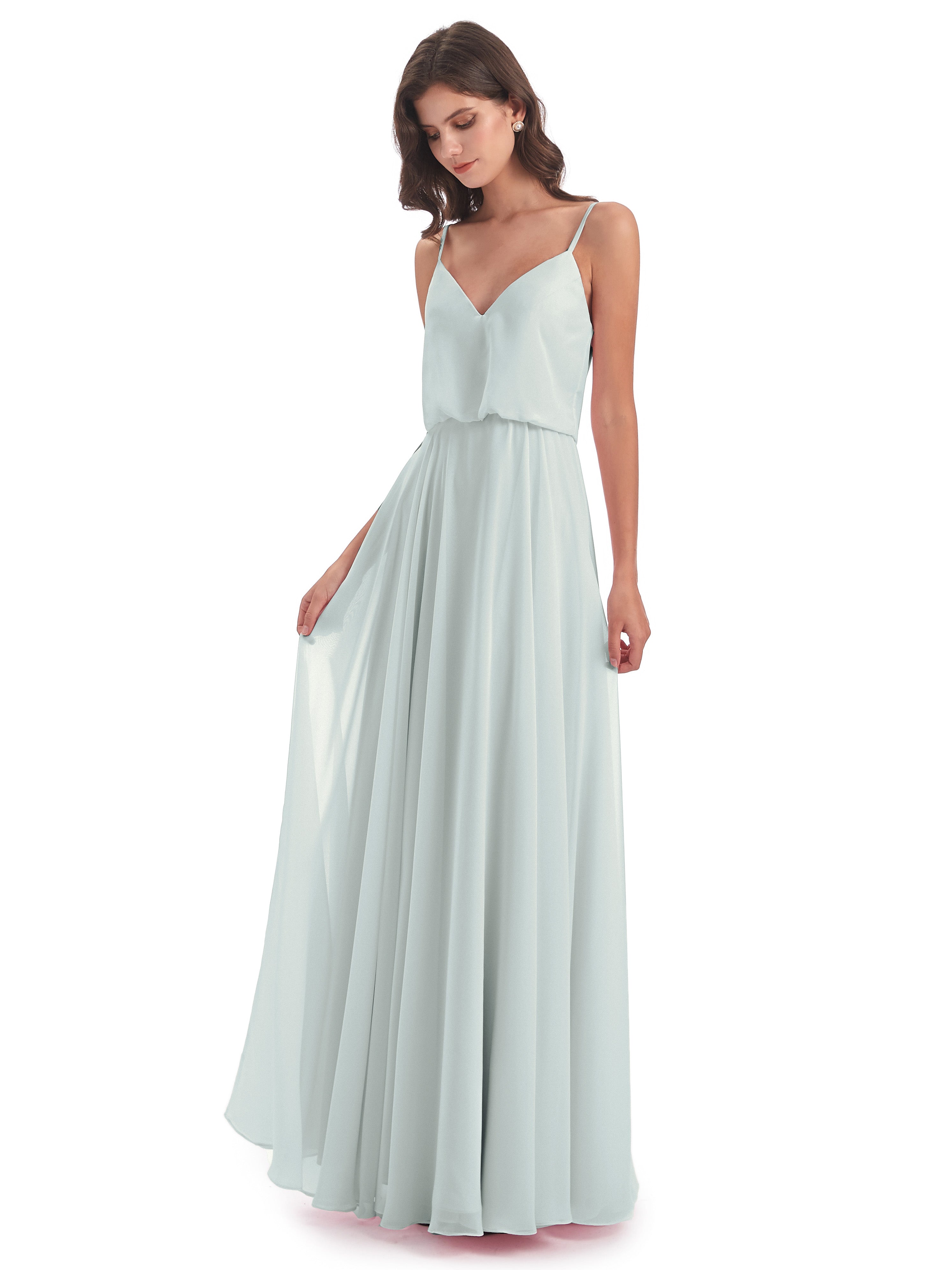 Robe Demoiselle D Honneur Vert Celadon Bretelles Spaghetti Mousseline Longue Robes Demoiselle D'Honneur