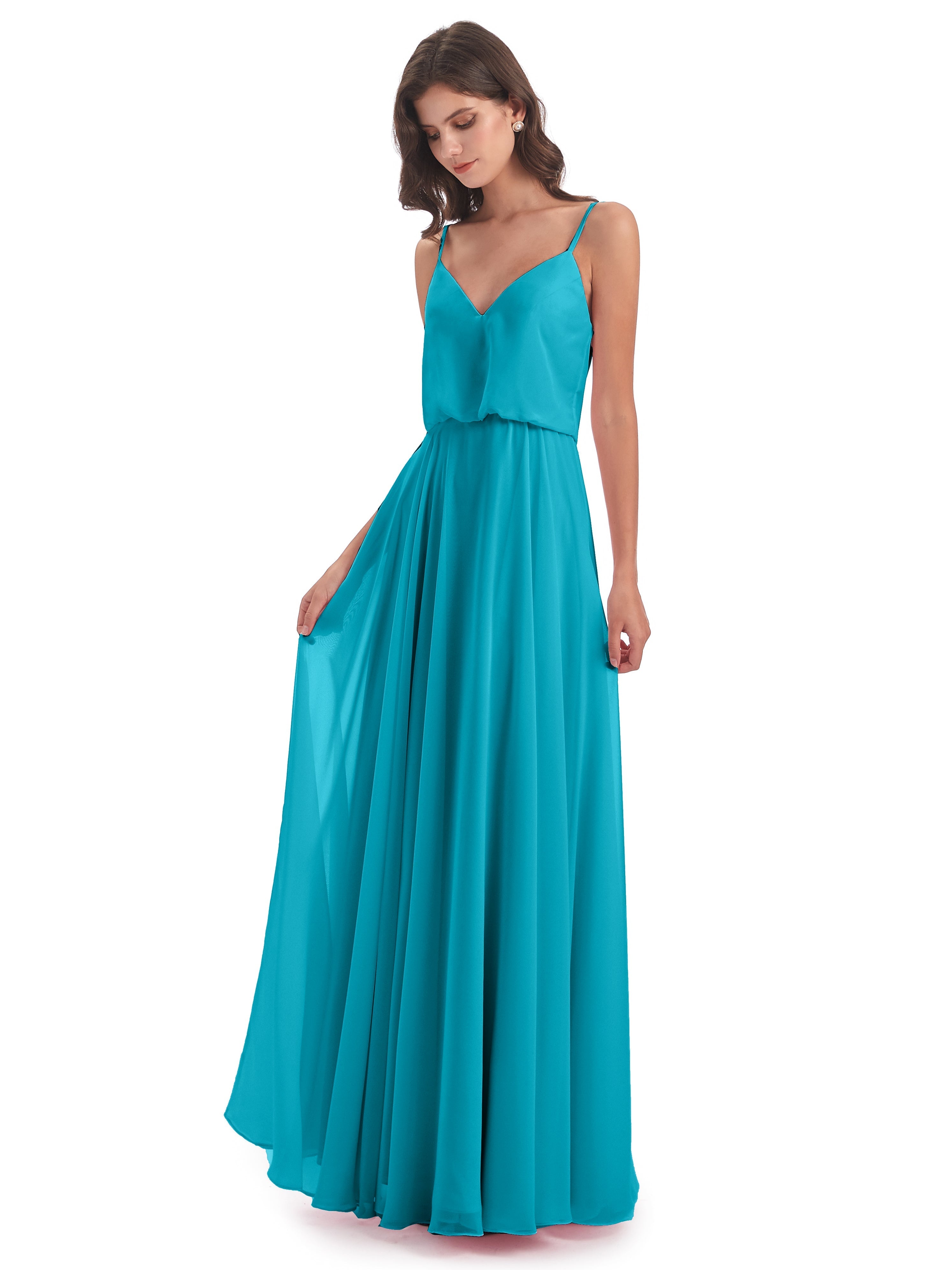 Robes De Demoiselle D'Honneur Vert Jade Bretelles Spaghetti Mousseline Longue Robes Demoiselle D'Honneur