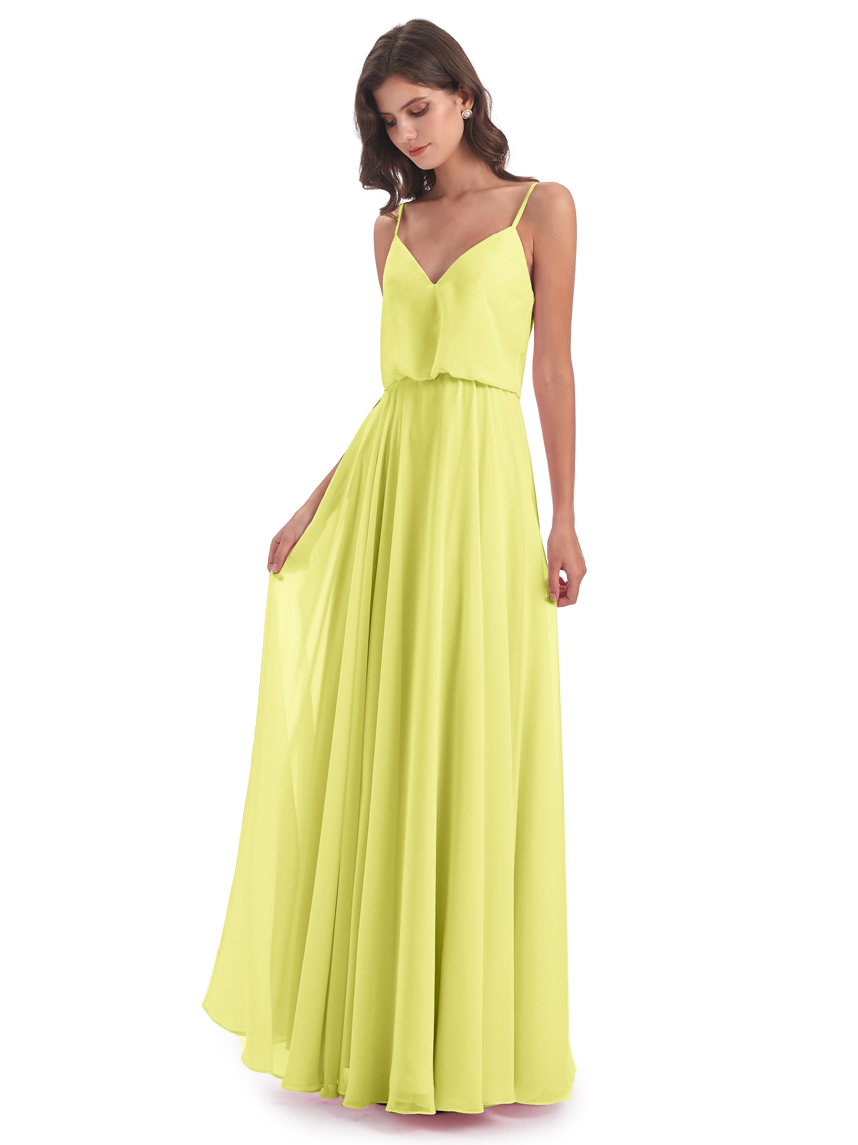 Robes De Demoiselle D'Honneur Jonquille Bretelles Spaghetti Mousseline Longue Robes Demoiselle D'Honneur