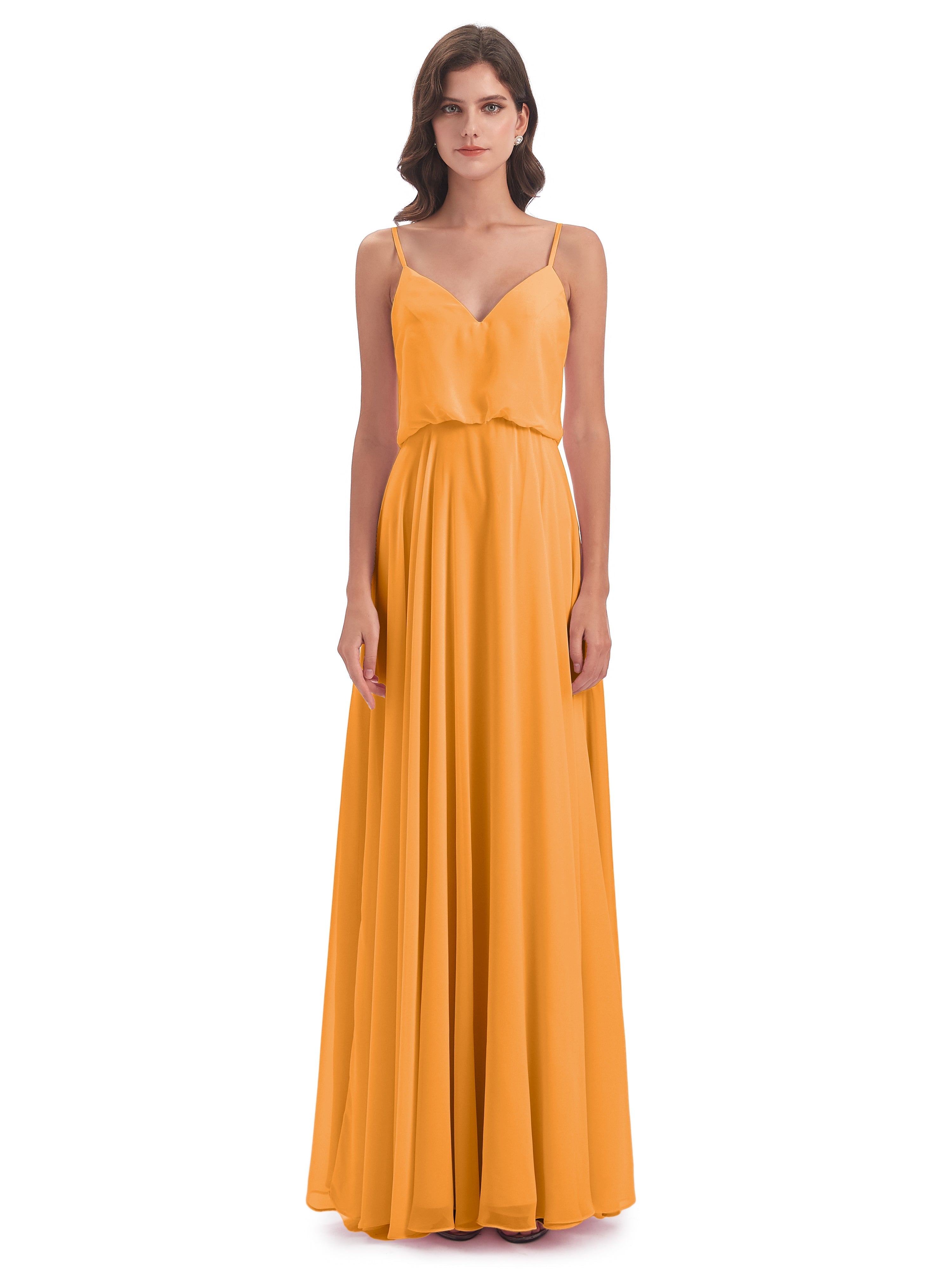 Robes De Demoiselle D'Honneur Mandarine Bretelles Spaghetti Mousseline Longue Robes Demoiselle D'Honneur