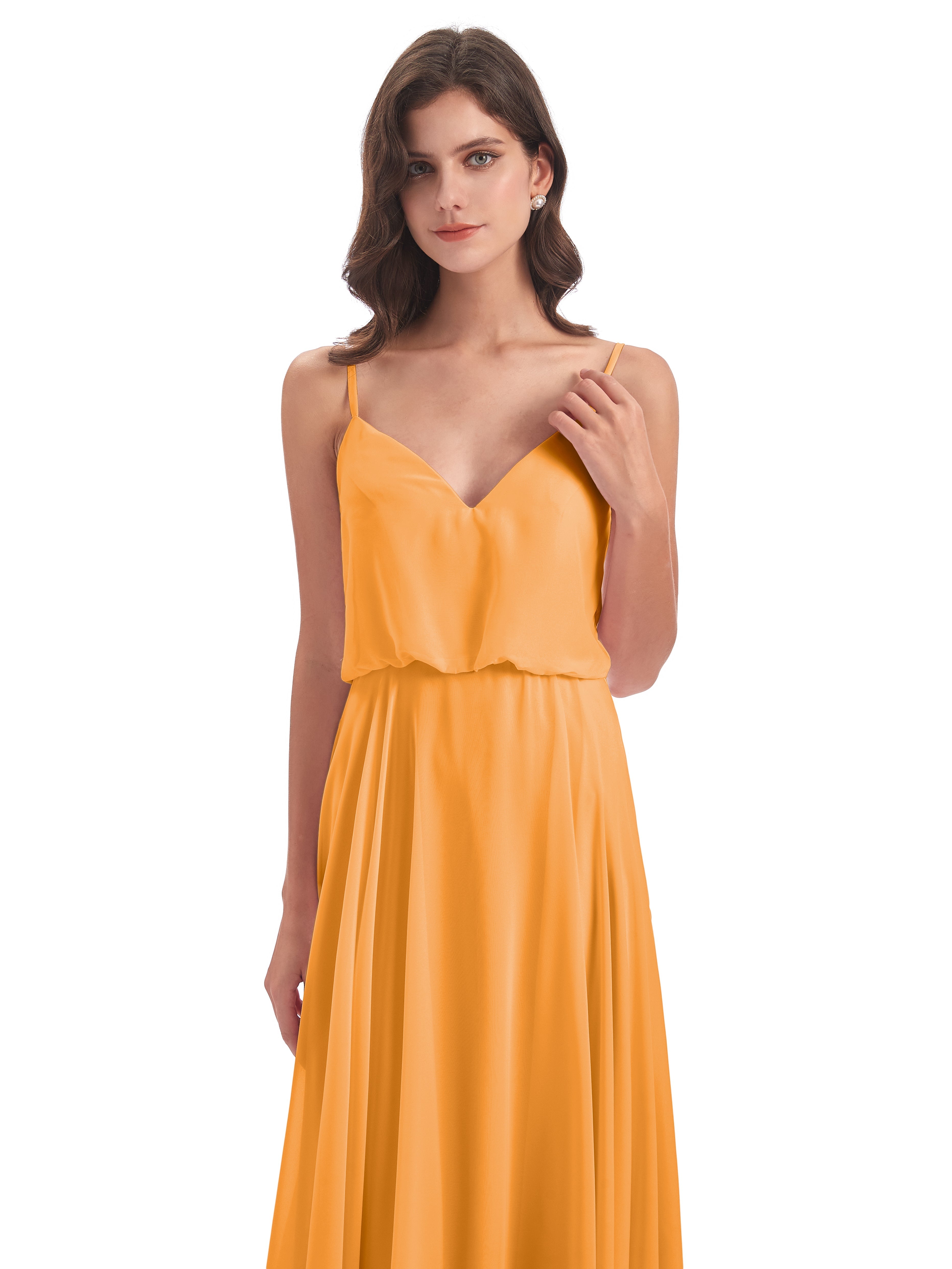 Robes De Demoiselle D'Honneur Mandarine Bretelles Spaghetti Mousseline Longue Robes Demoiselle D'Honneur