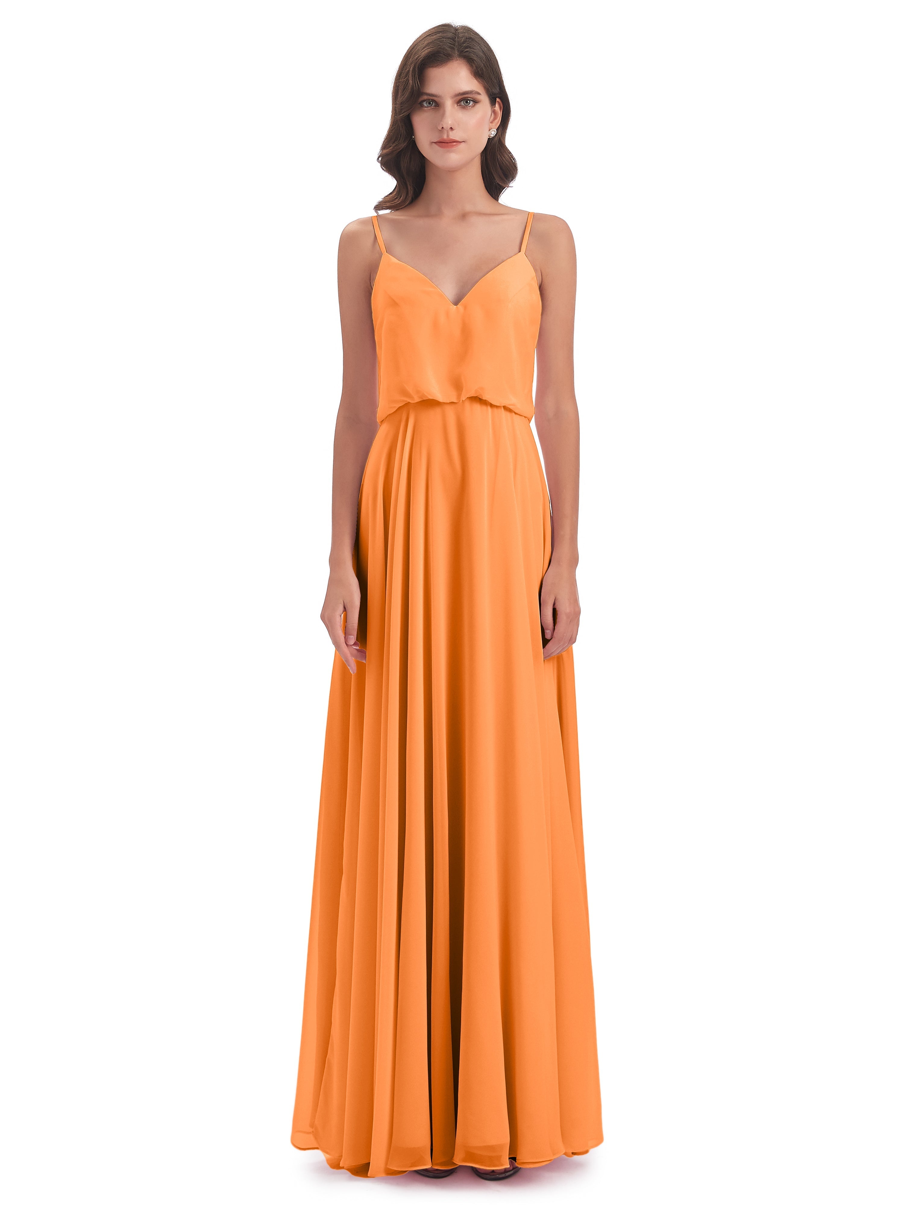 Robe De Demoiselle D Honneur Orange Bretelles Spaghetti Mousseline Longue Robes Demoiselle D'Honneur