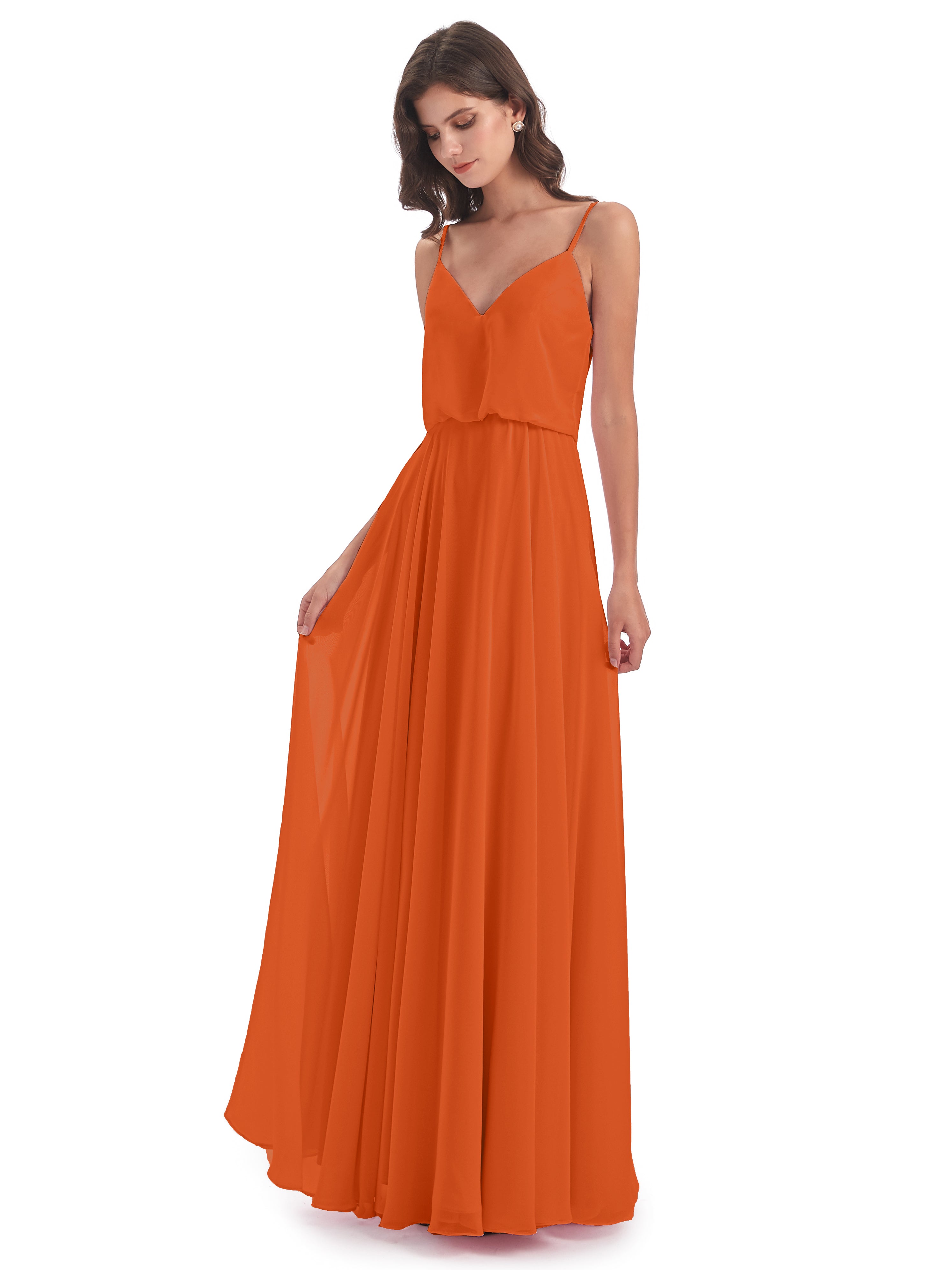 Robes De Demoiselle D'Honneur Orange Foncé Bretelles Spaghetti Mousseline Longue Robes Demoiselle D'Honneur