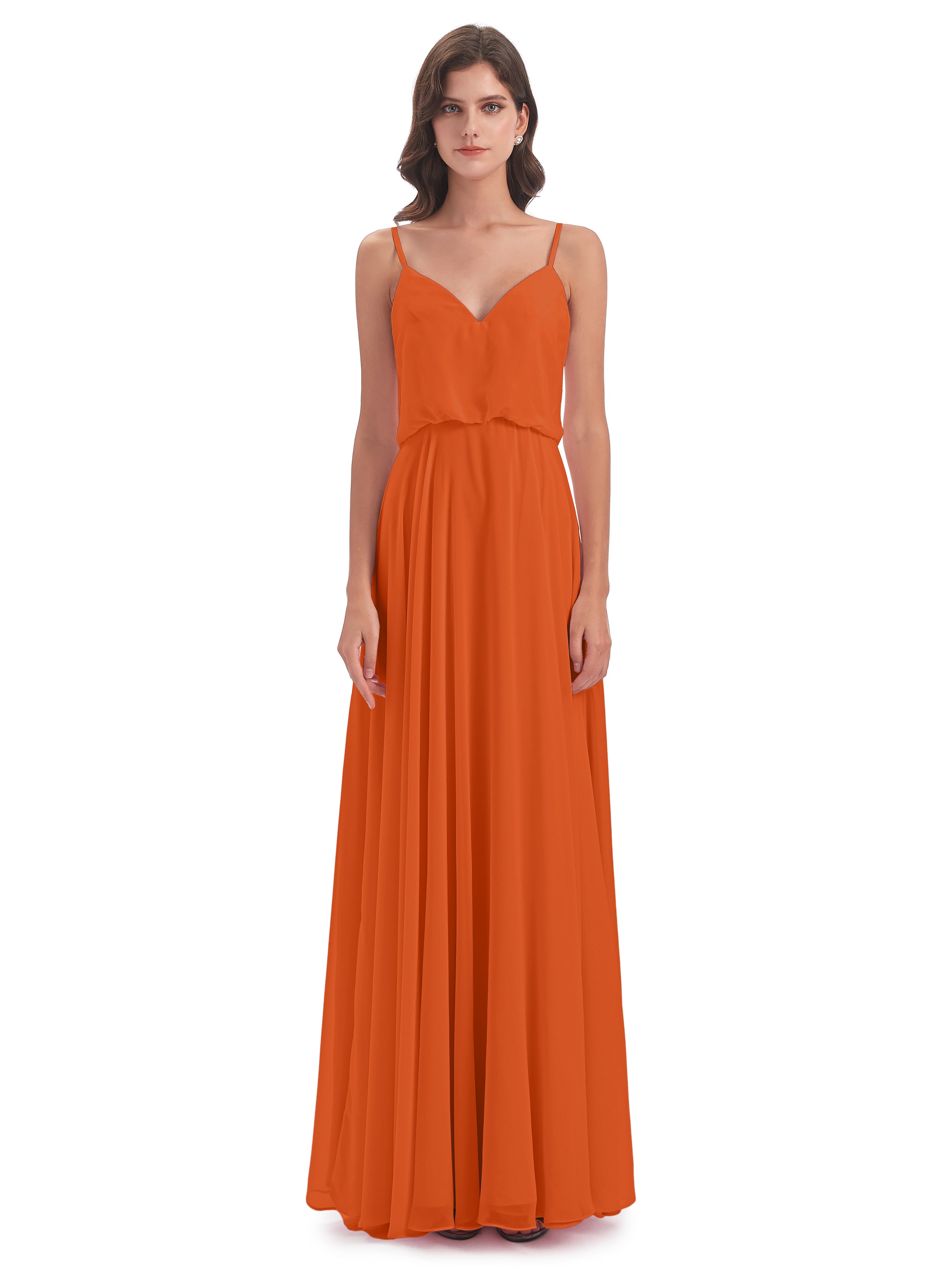 Robes De Demoiselle D'Honneur Orange Foncé Bretelles Spaghetti Mousseline Longue Robes Demoiselle D'Honneur
