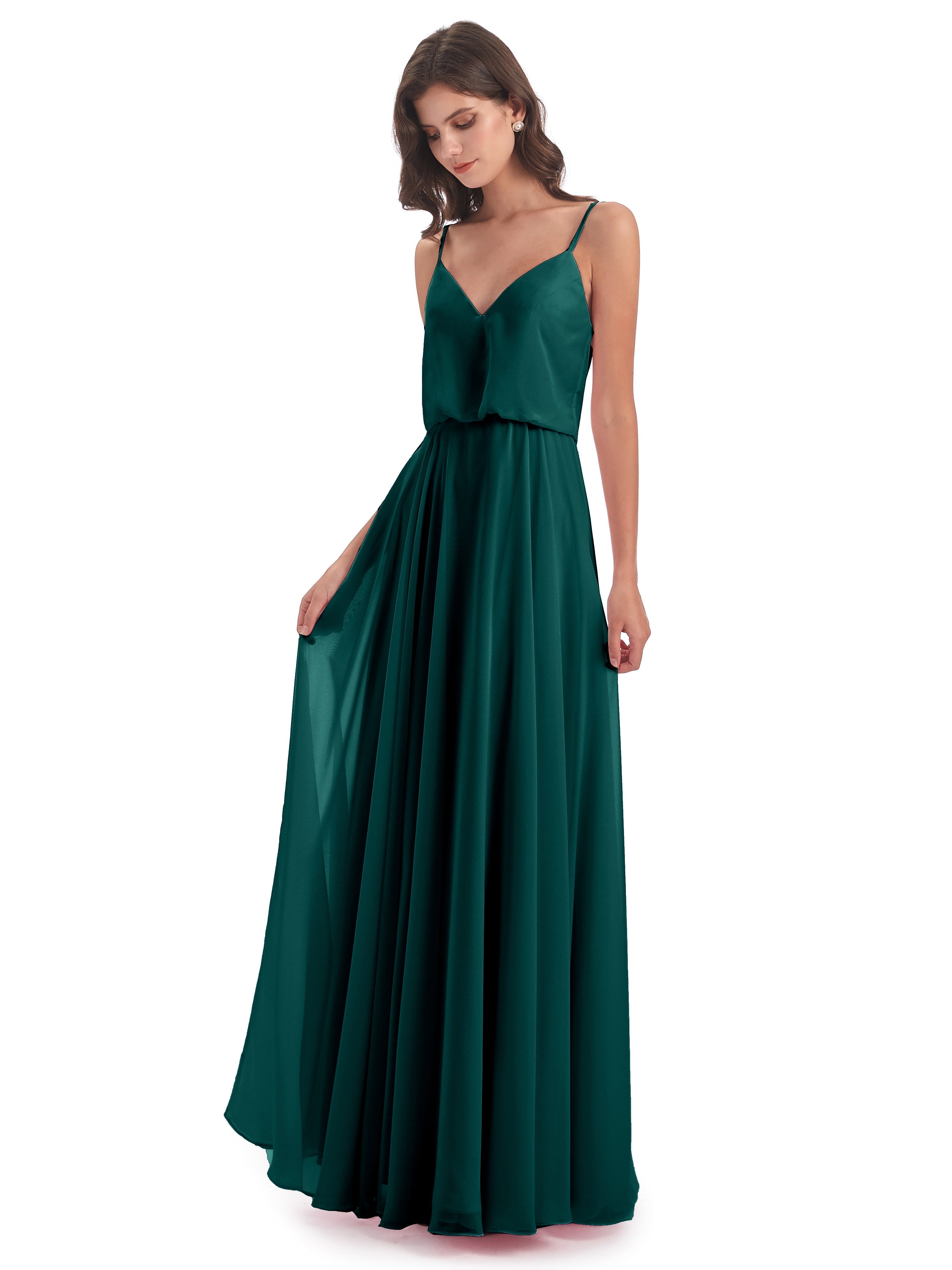 Robe De Demoiselle D'Honneur De Paon Au Sol Bretelles Spaghetti Mousseline Longue Robes Demoiselle D'Honneur