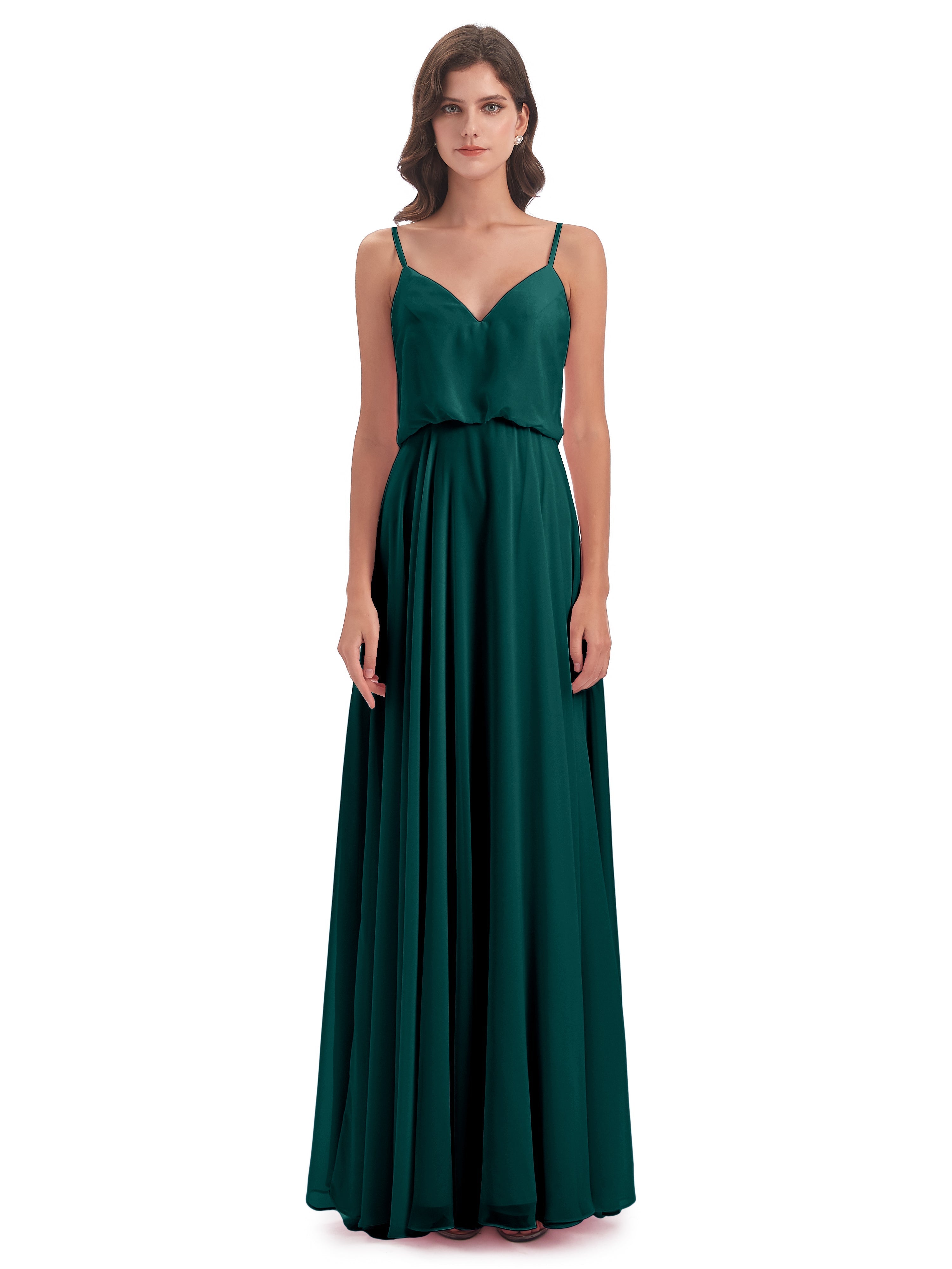 Robe De Demoiselle D'Honneur De Paon Au Sol Bretelles Spaghetti Mousseline Longue Robes Demoiselle D'Honneur