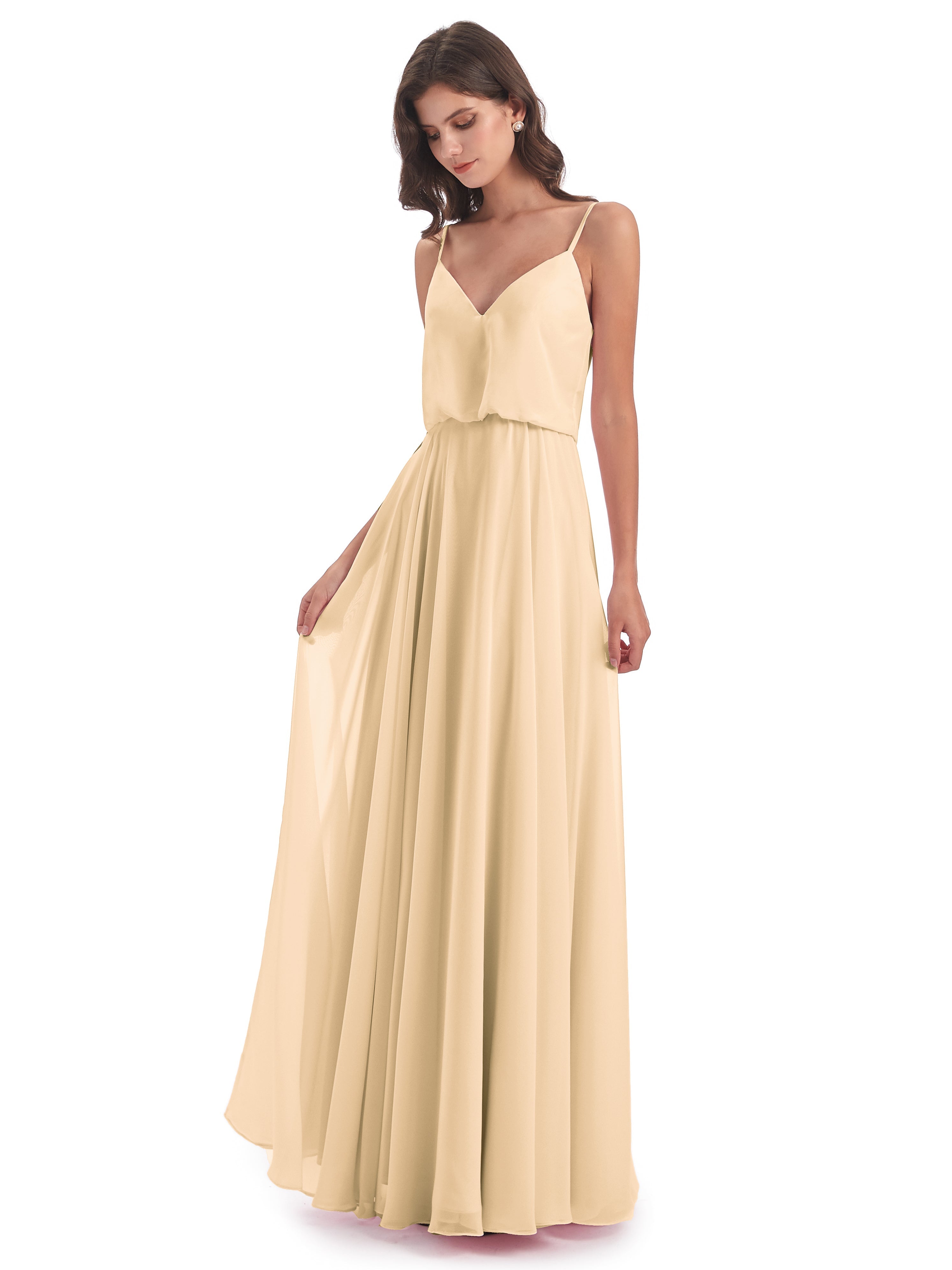 Robe Demoiselle D Honneur Couleur Peche Bretelles Spaghetti Mousseline Longue Robes Demoiselle D'Honneur
