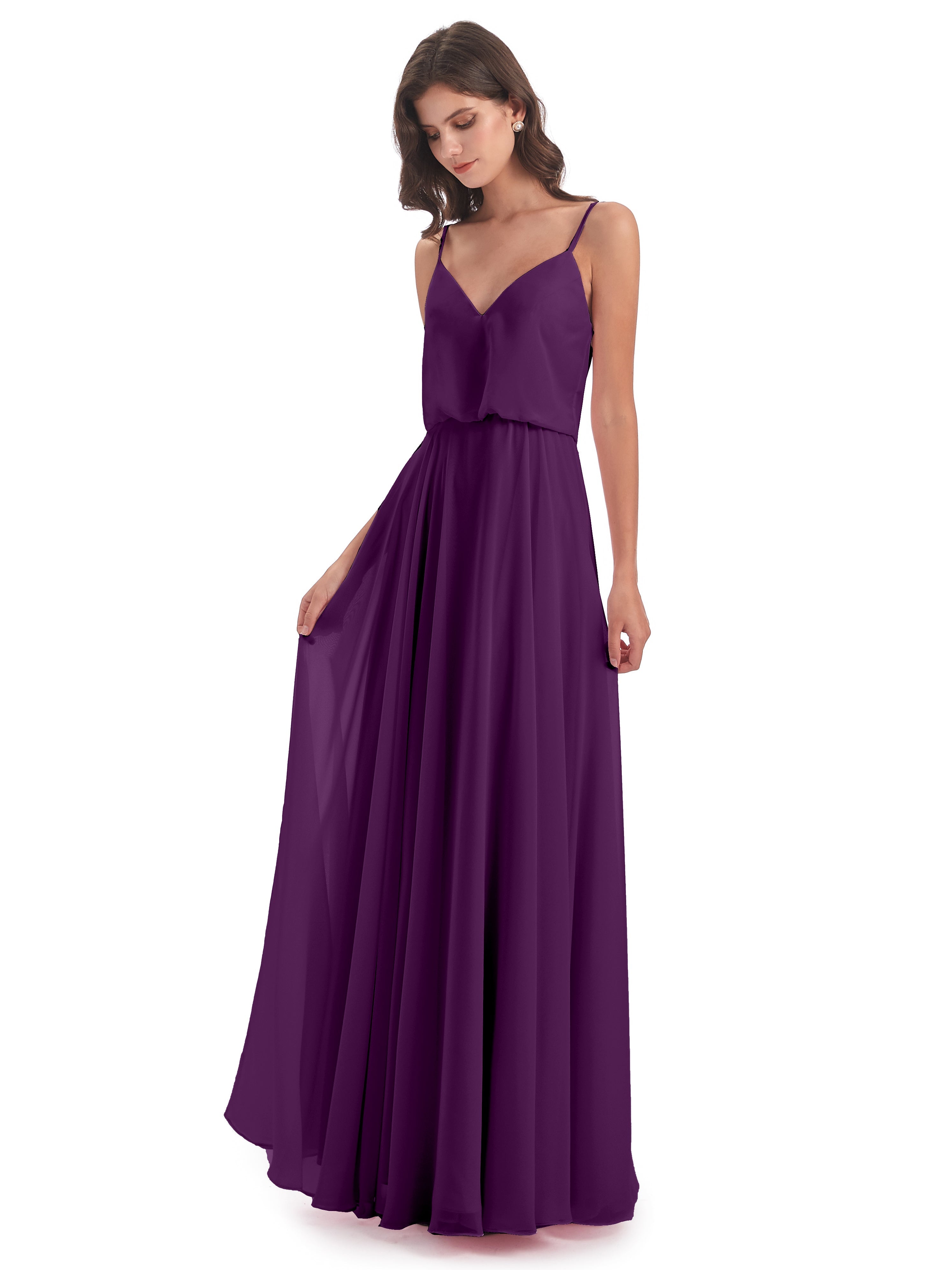 Robes De Demoiselle D'Honneur En Raisin Bretelles Spaghetti Mousseline Longue Robes Demoiselle D'Honneur