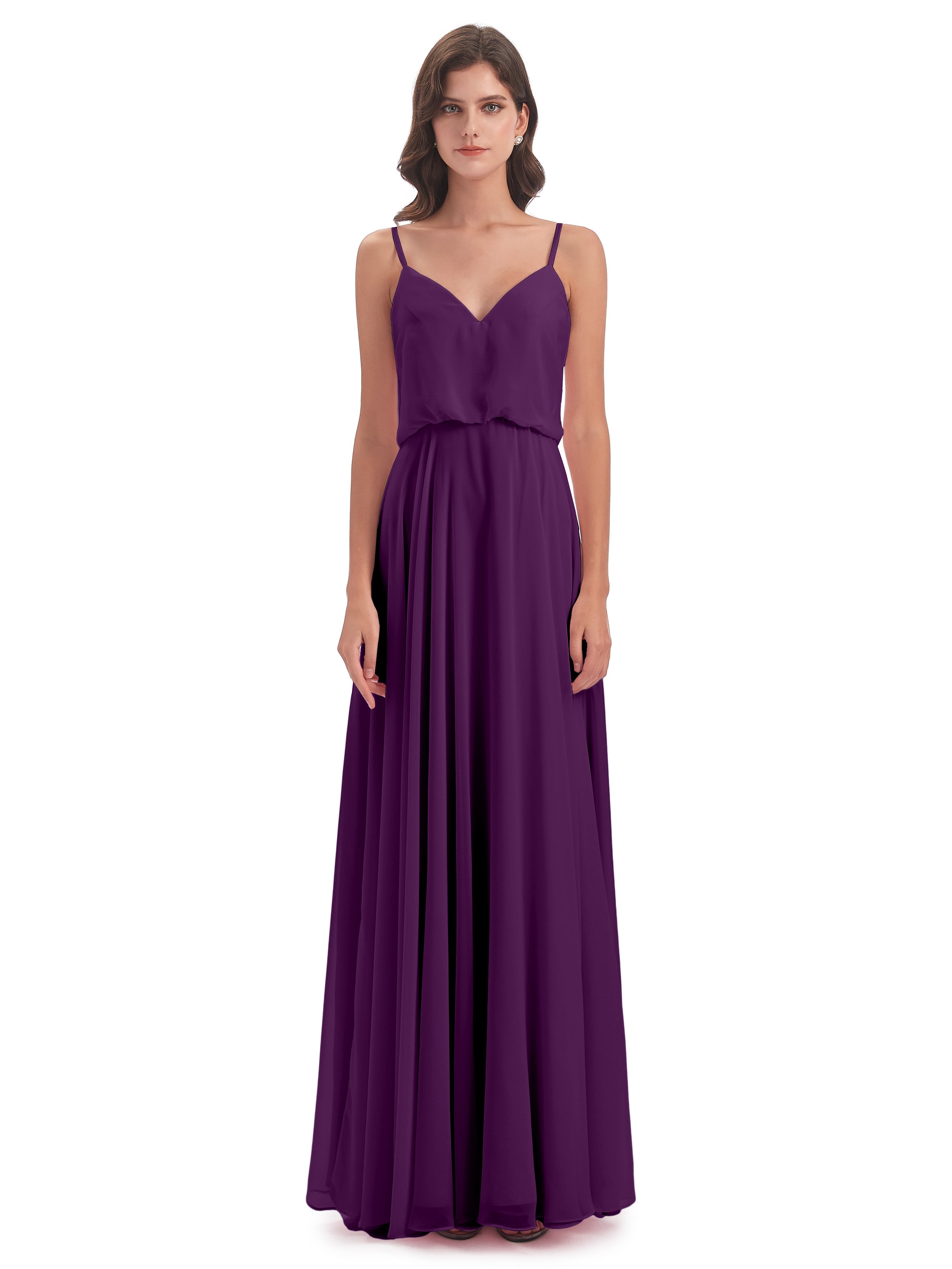 Robes De Demoiselle D'Honneur En Raisin Bretelles Spaghetti Mousseline Longue Robes Demoiselle D'Honneur