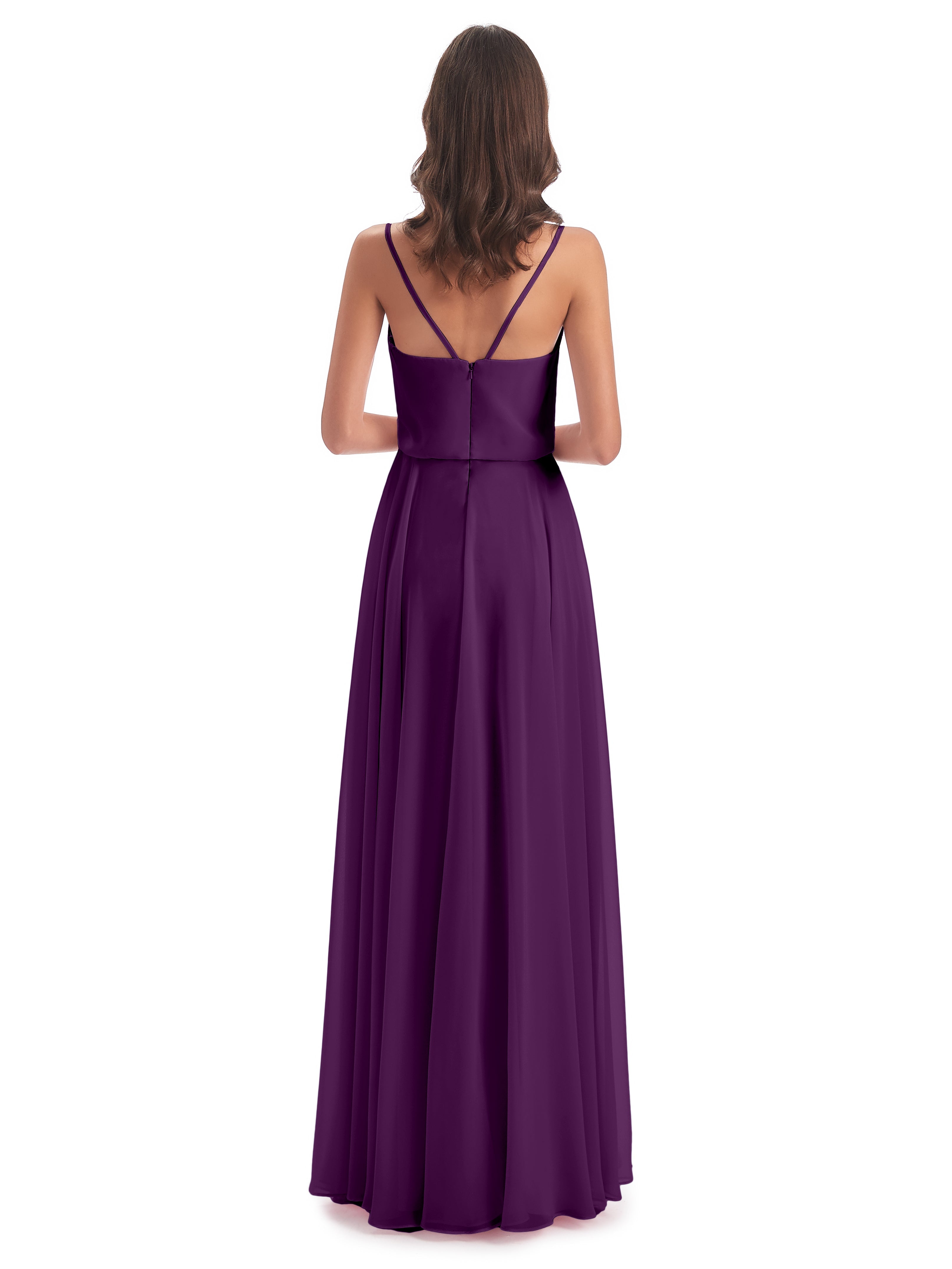 Robes De Demoiselle D'Honneur En Raisin Bretelles Spaghetti Mousseline Longue Robes Demoiselle D'Honneur