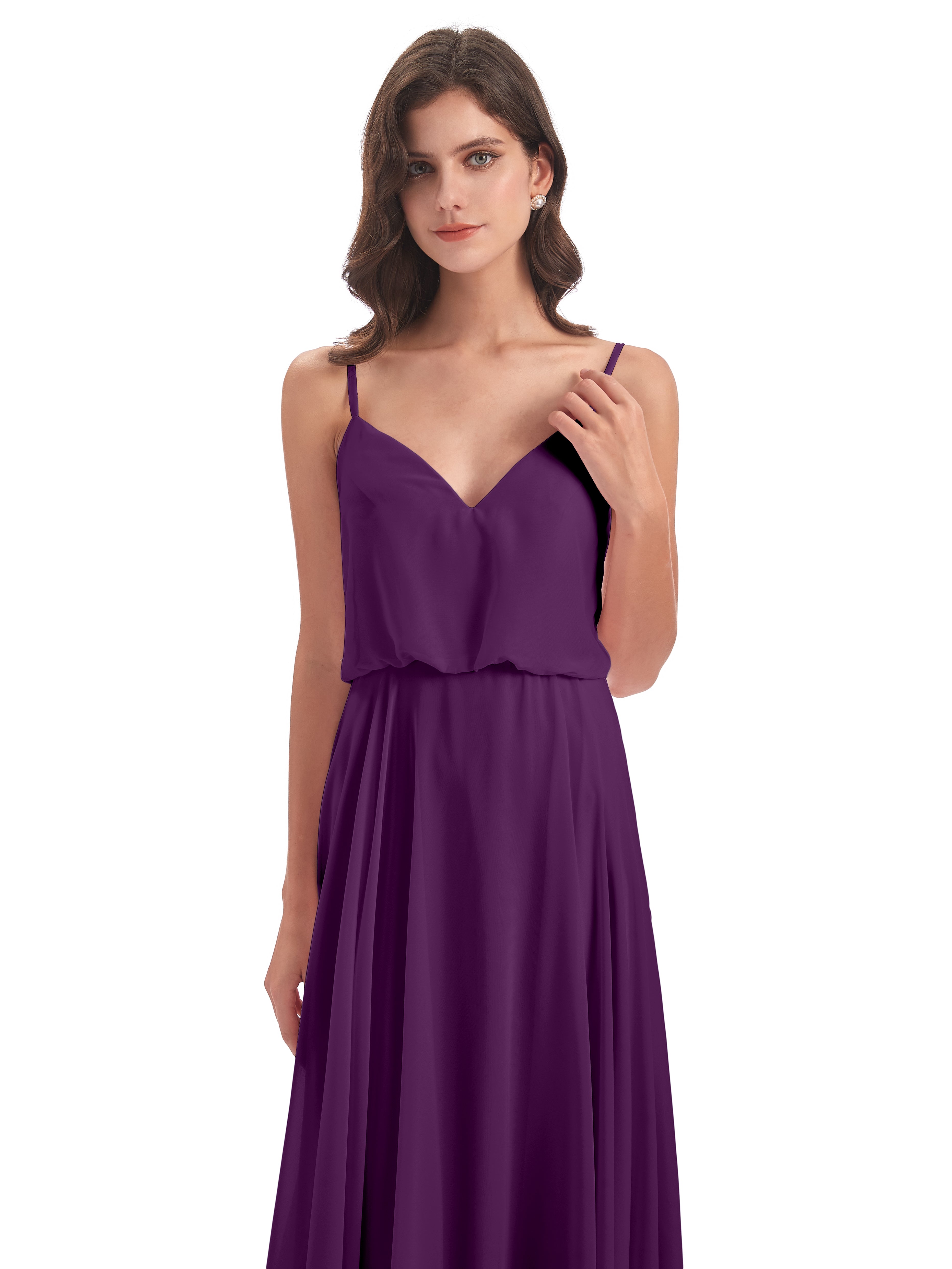 Robes De Demoiselle D'Honneur En Raisin Bretelles Spaghetti Mousseline Longue Robes Demoiselle D'Honneur
