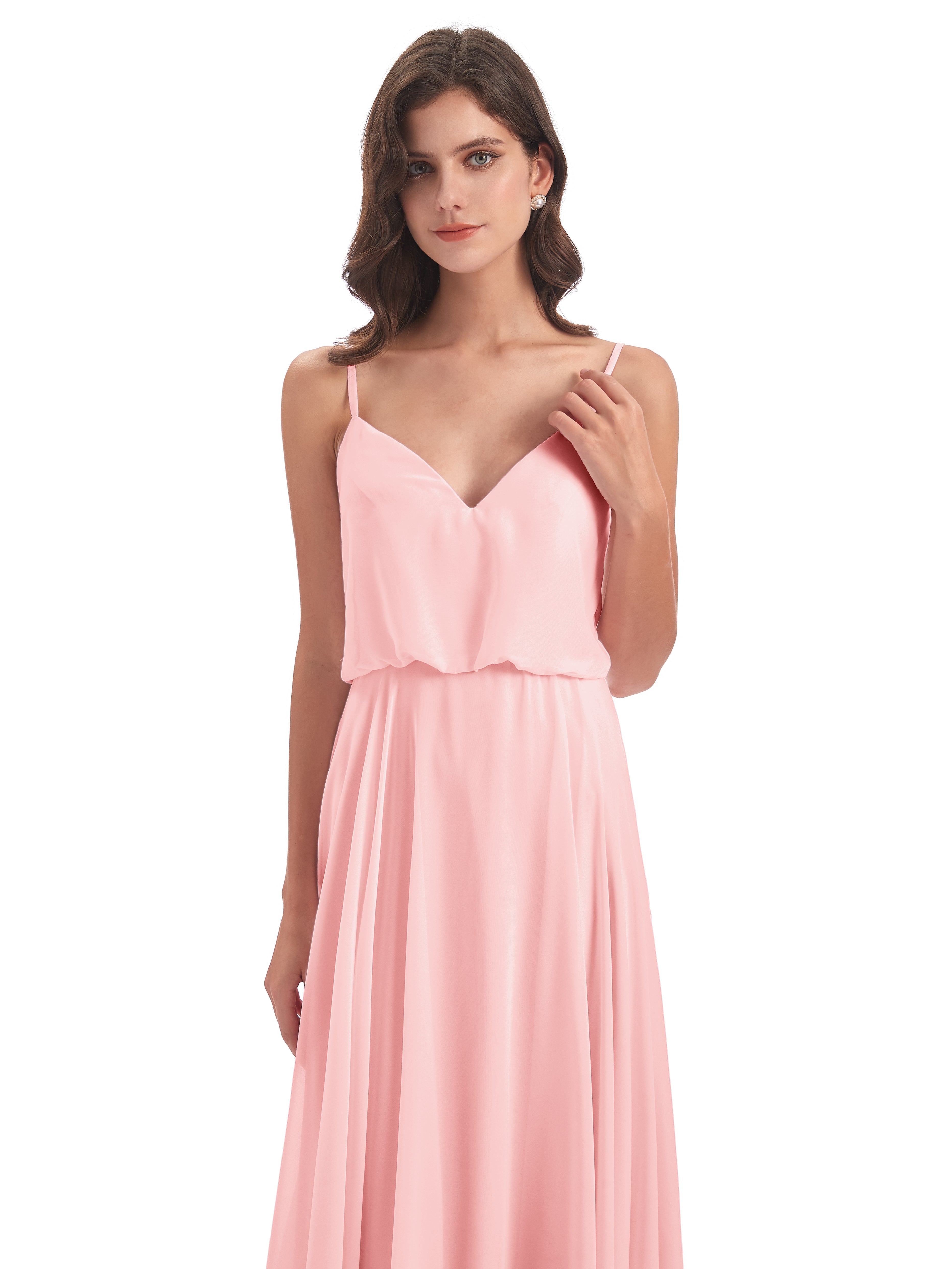 Robes De Demoiselle D'Honneur Rose Rose Bretelles Spaghetti Mousseline Longue Robes Demoiselle D'Honneur