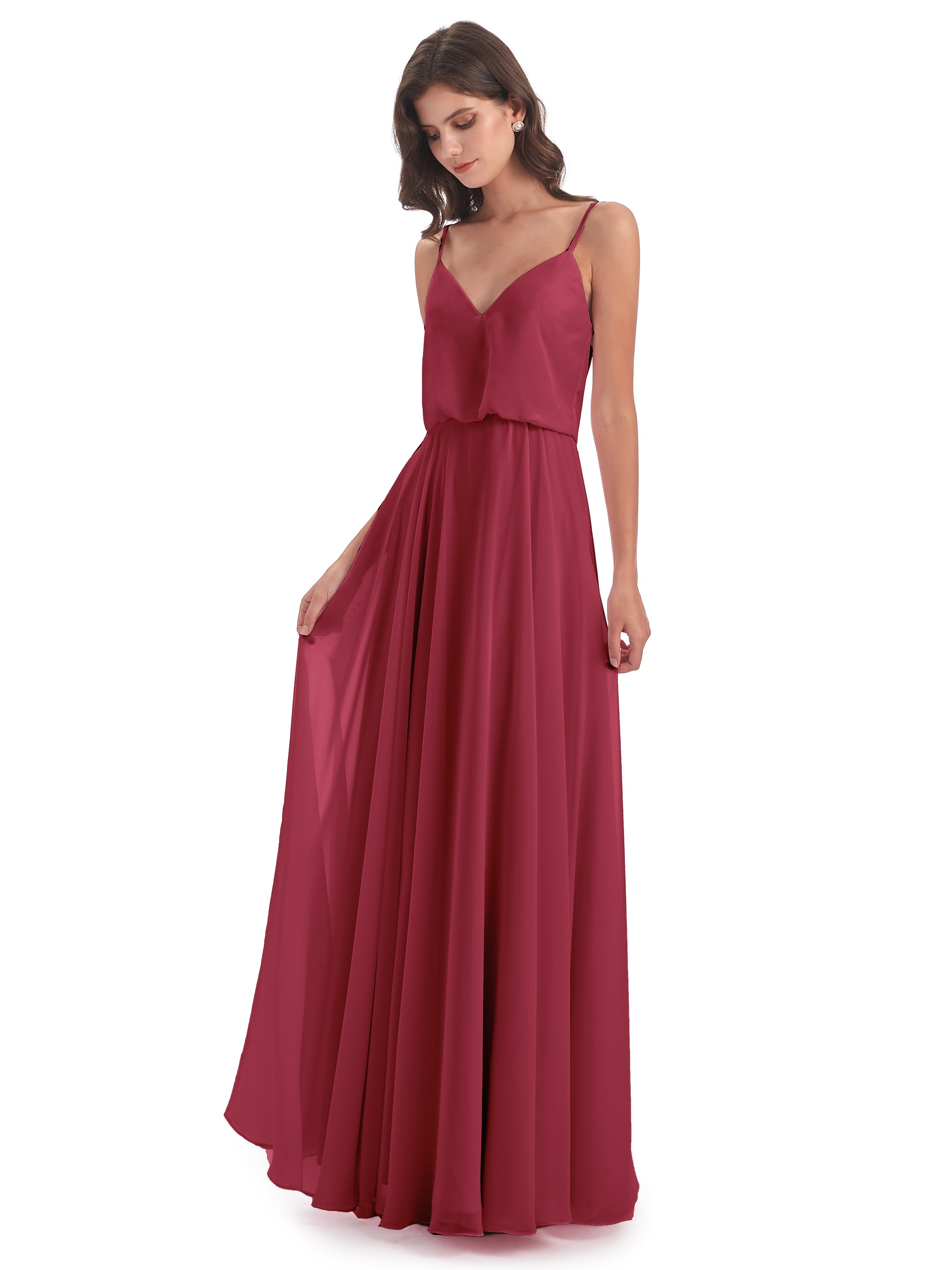 Robes De Demoiselle D'Honneur Rose Cannelle Bretelles Spaghetti Mousseline Longue Robes Demoiselle D'Honneur