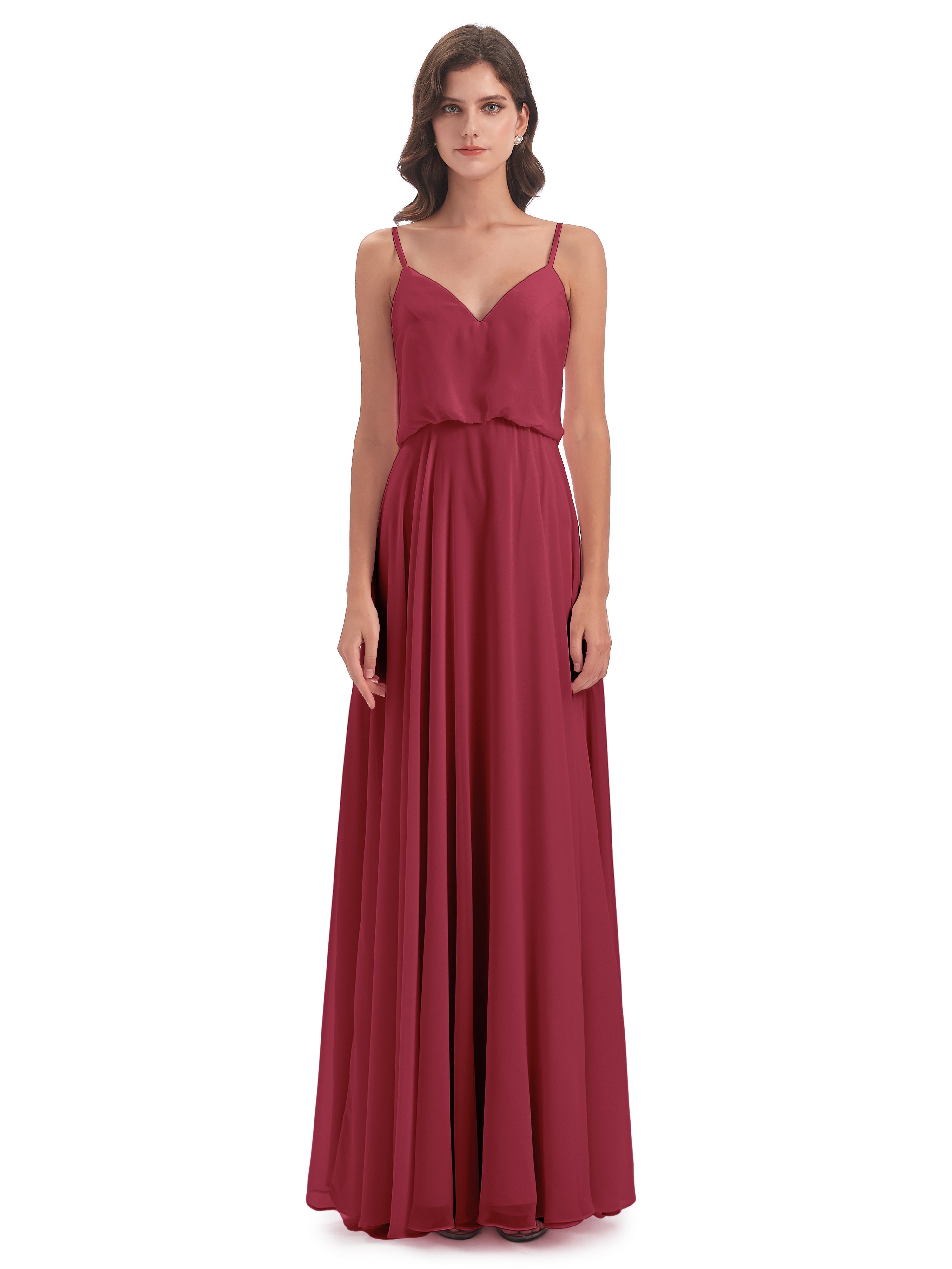 Robes De Demoiselle D'Honneur Rose Cannelle Bretelles Spaghetti Mousseline Longue Robes Demoiselle D'Honneur