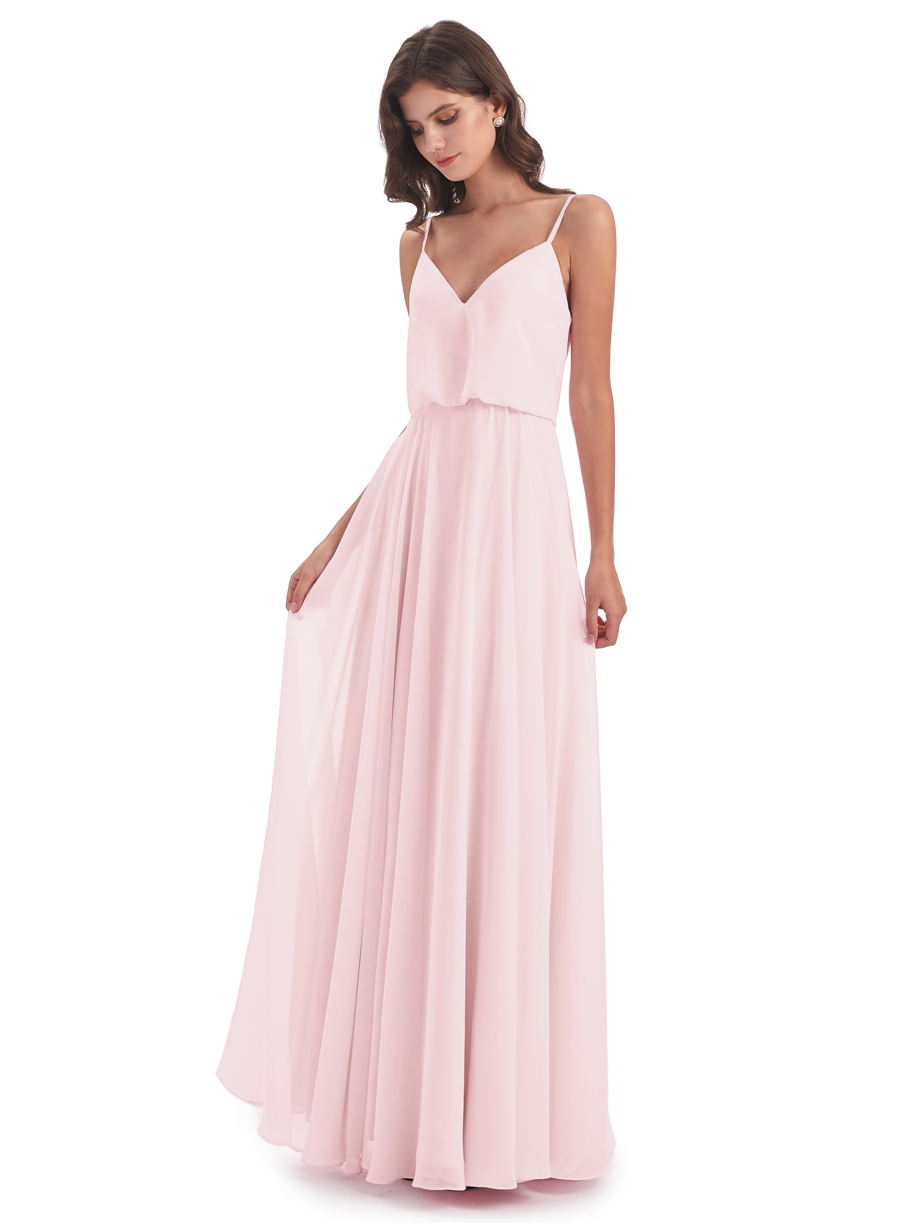 Robe Demoiselle Dhonneur Rose Pale Bretelles Spaghetti Mousseline Longue Robes Demoiselle D'Honneur