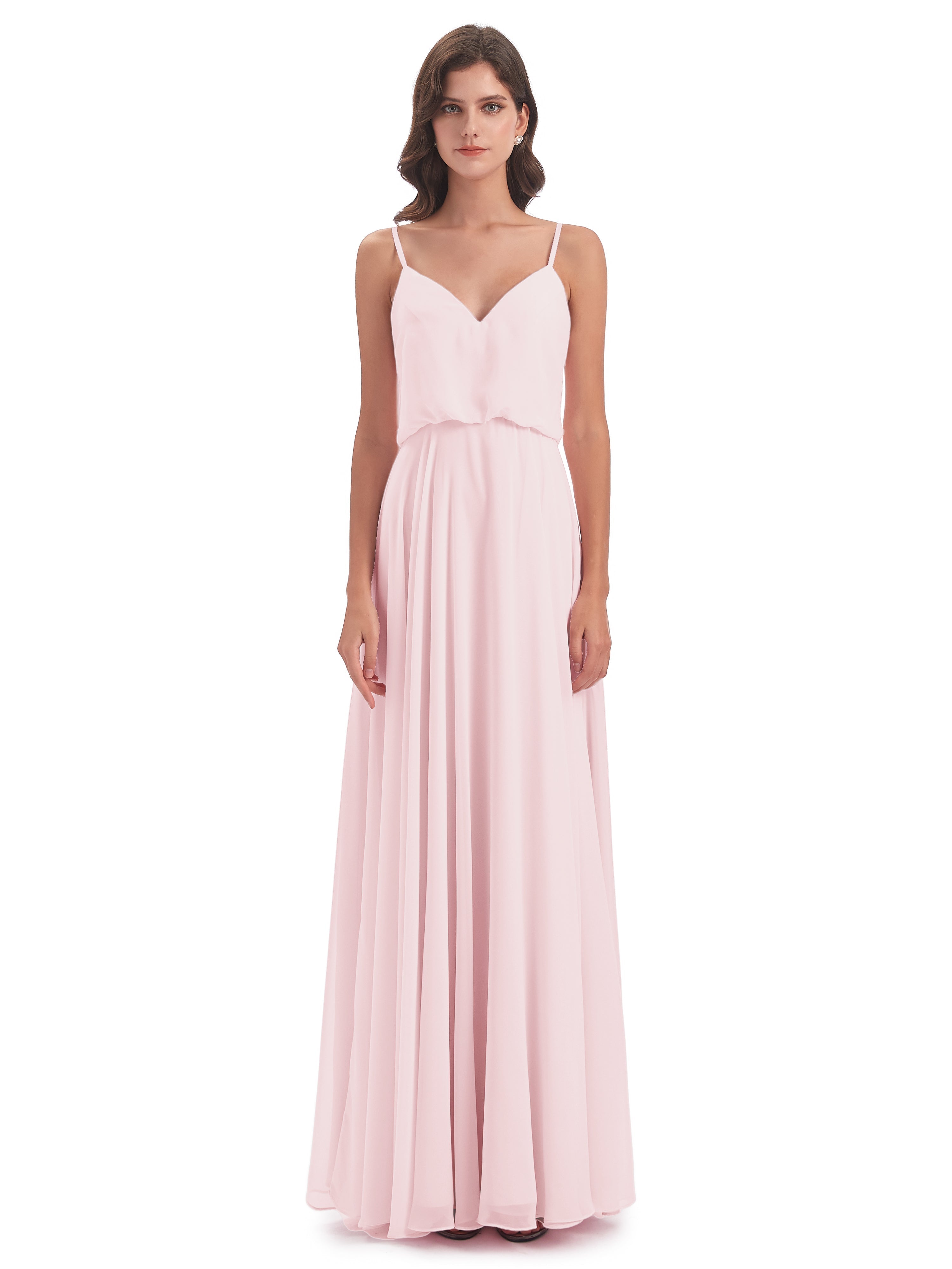 Robe Demoiselle Dhonneur Rose Pale Bretelles Spaghetti Mousseline Longue Robes Demoiselle D'Honneur
