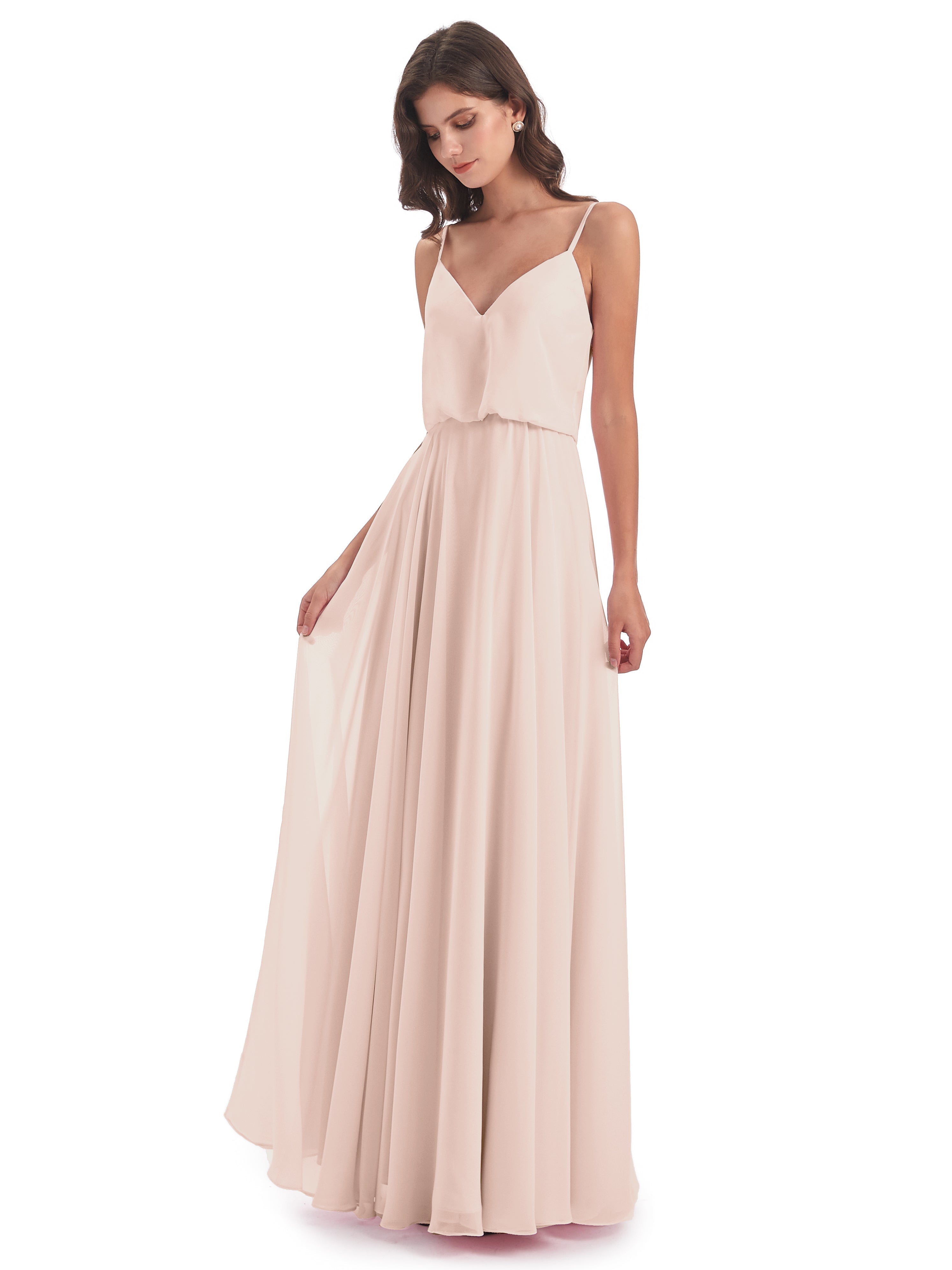 Robe De Demoiselle D'Honneur En Perles Bretelles Spaghetti Mousseline Longue Robes Demoiselle D'Honneur