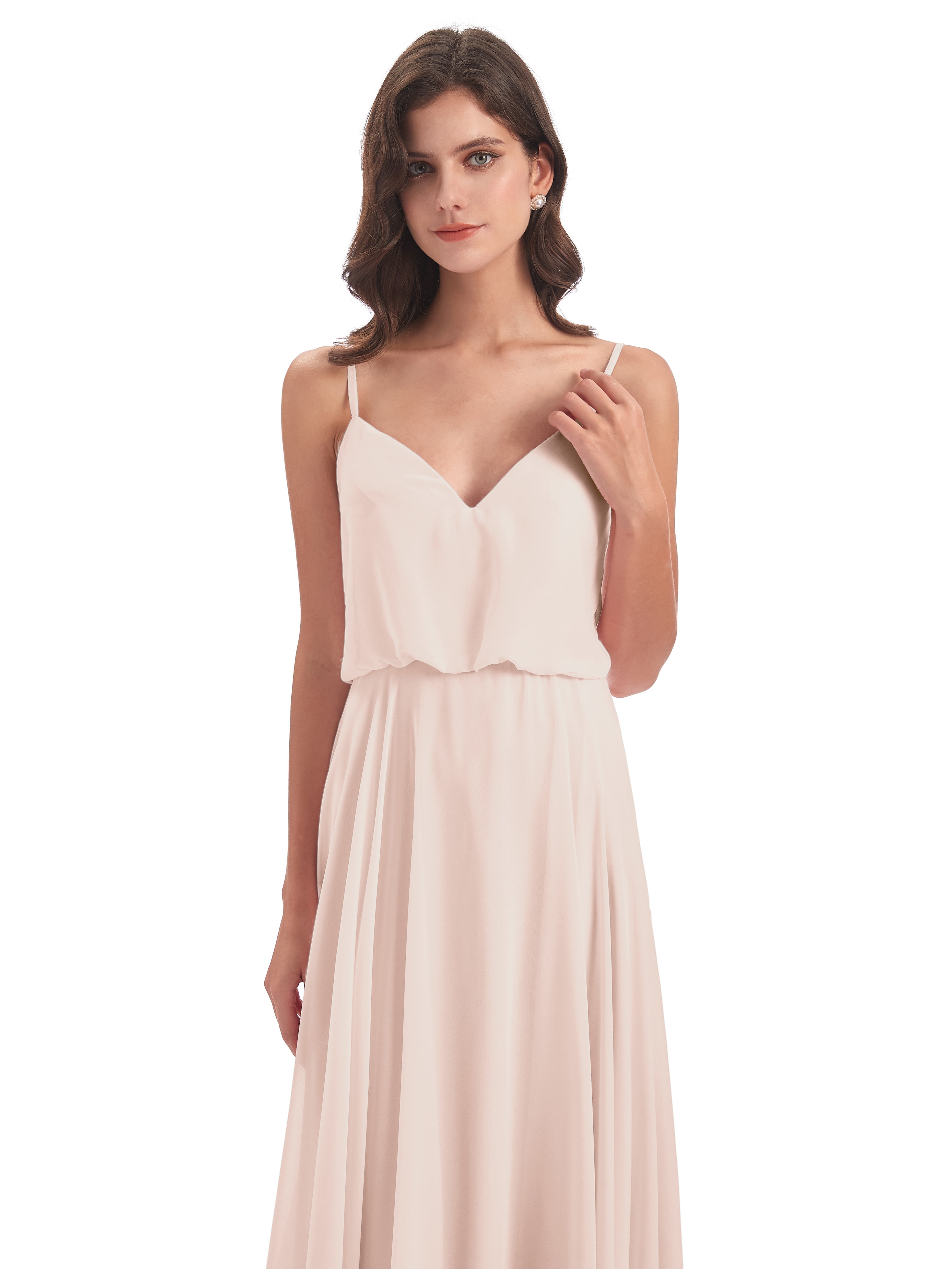 Robe De Demoiselle D'Honneur En Perles Bretelles Spaghetti Mousseline Longue Robes Demoiselle D'Honneur