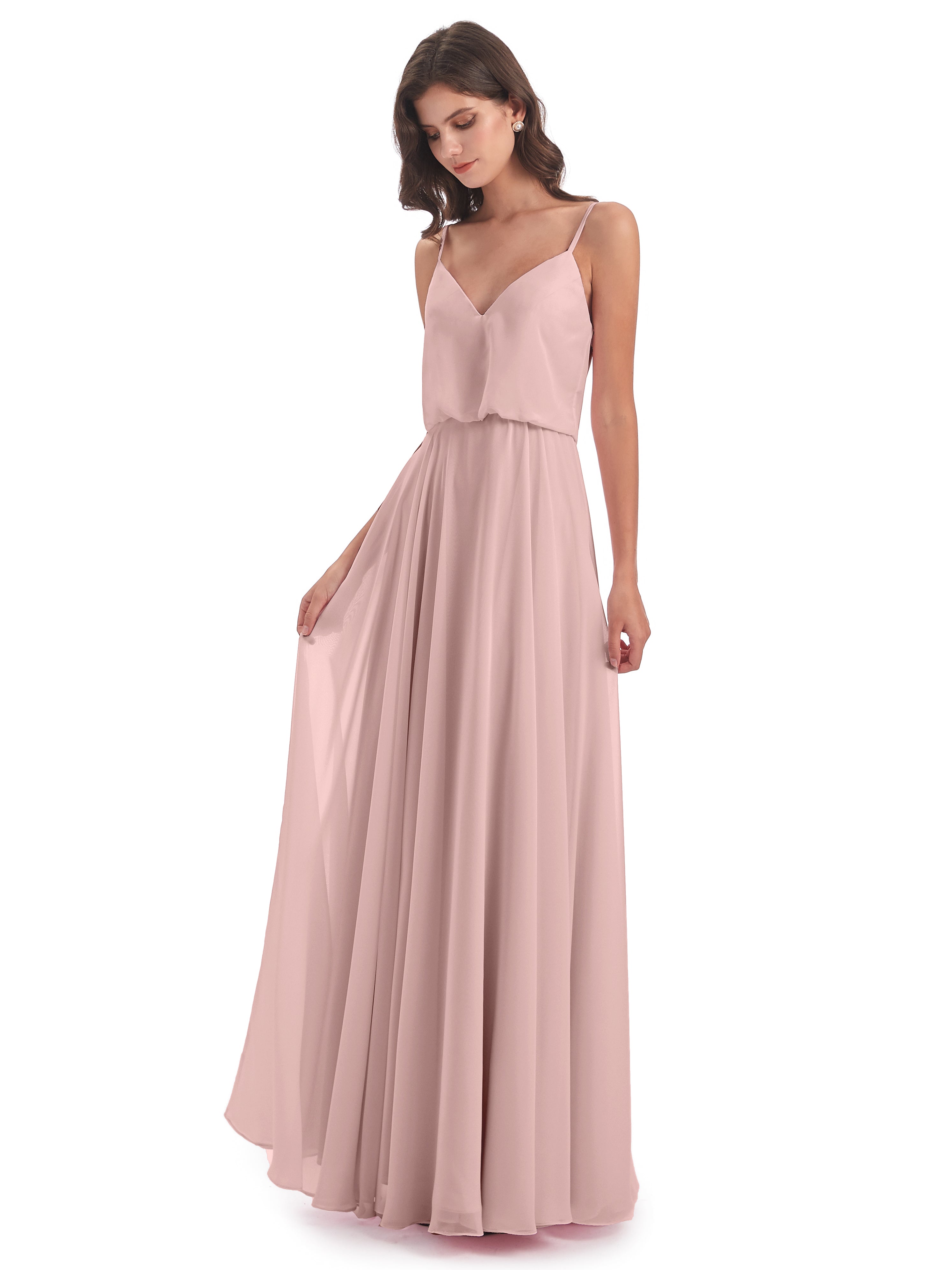 Demoiselles D'Honneur De Rose Poudrée Bretelles Spaghetti Mousseline Longue Robes Demoiselle D'Honneur