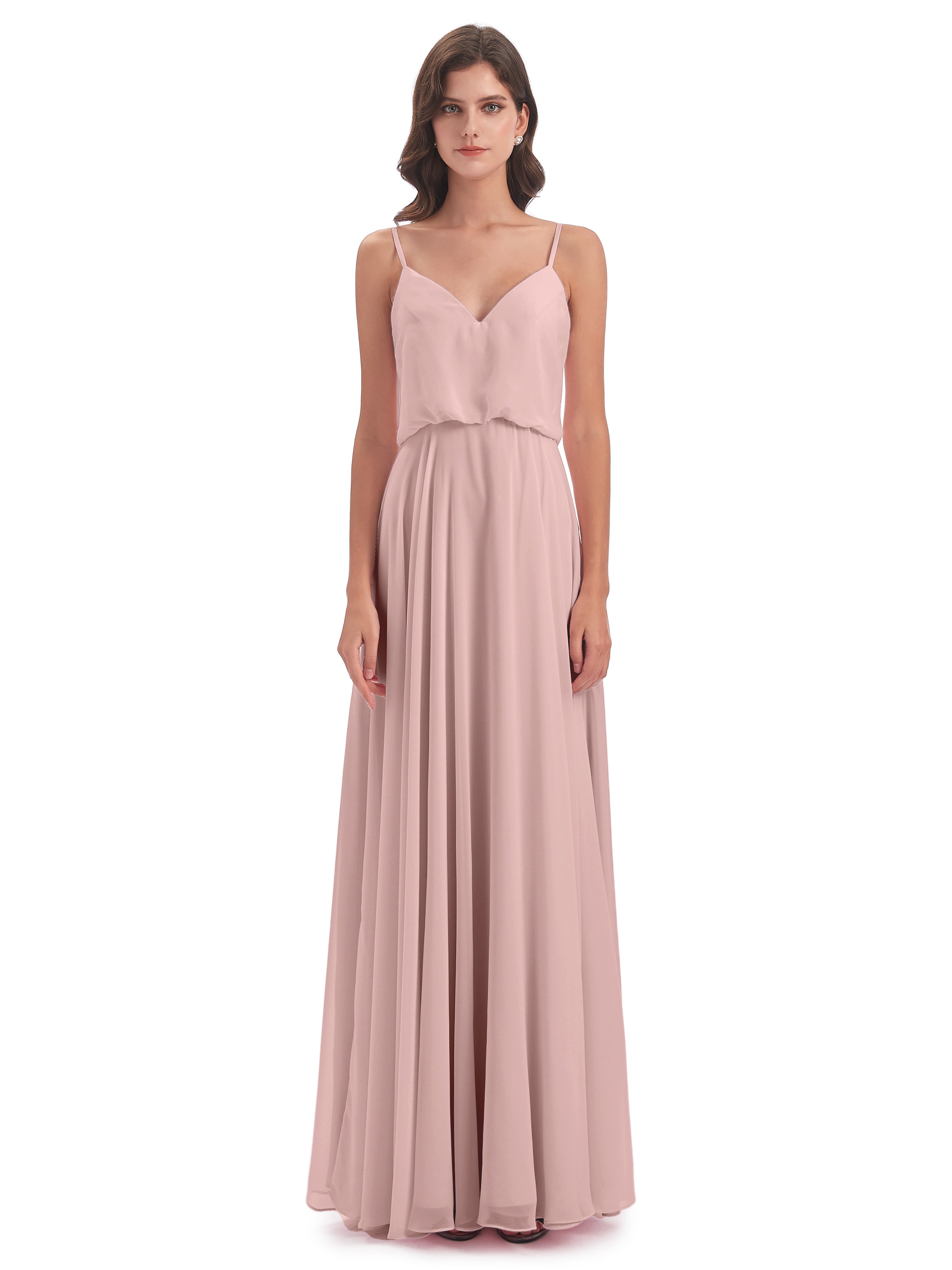 Demoiselles D'Honneur De Rose Poudrée Bretelles Spaghetti Mousseline Longue Robes Demoiselle D'Honneur