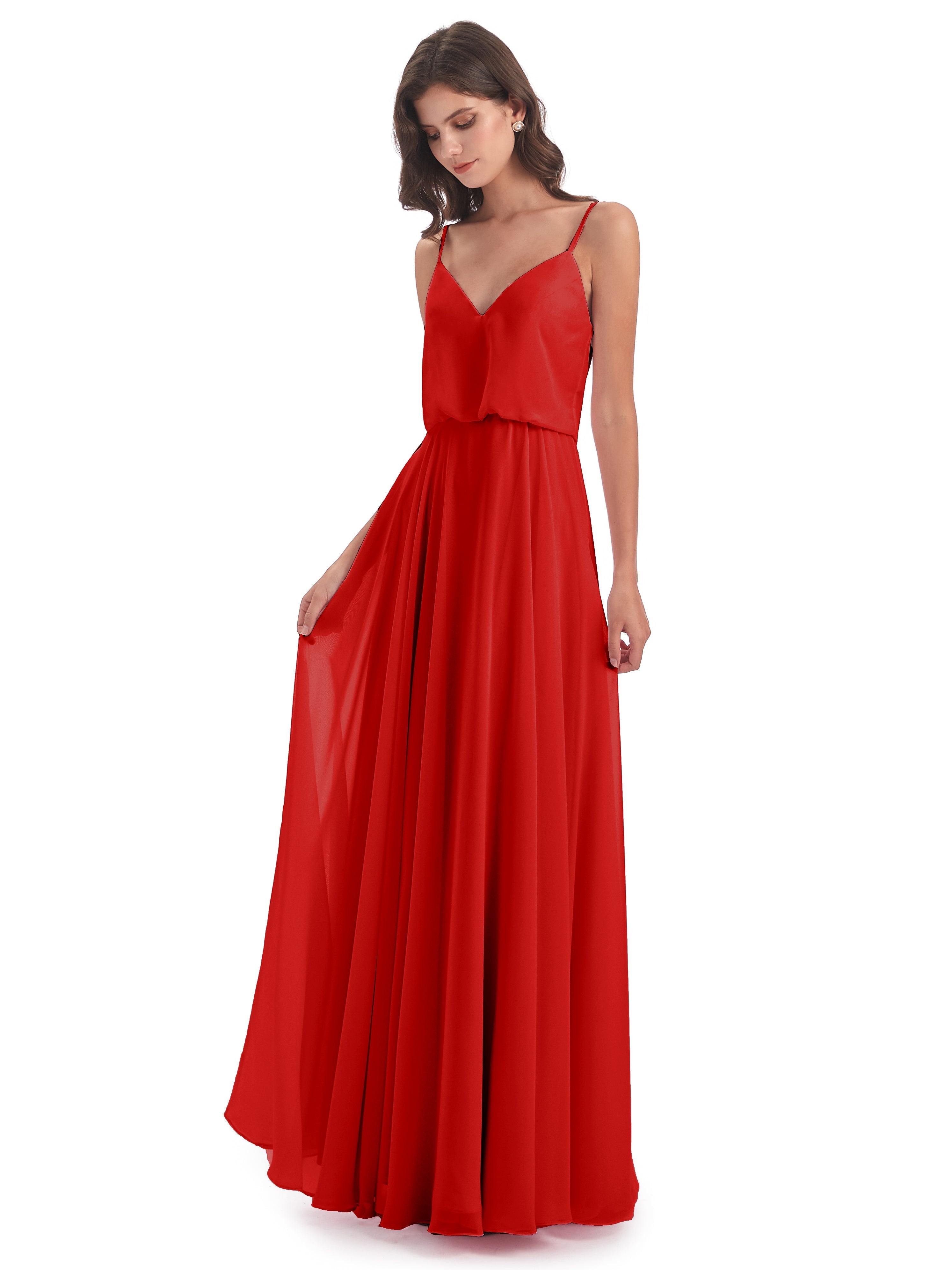 Robes De Demoiselle D'Honneur Rouges Bretelles Spaghetti Mousseline Longue Robes Demoiselle D'Honneur