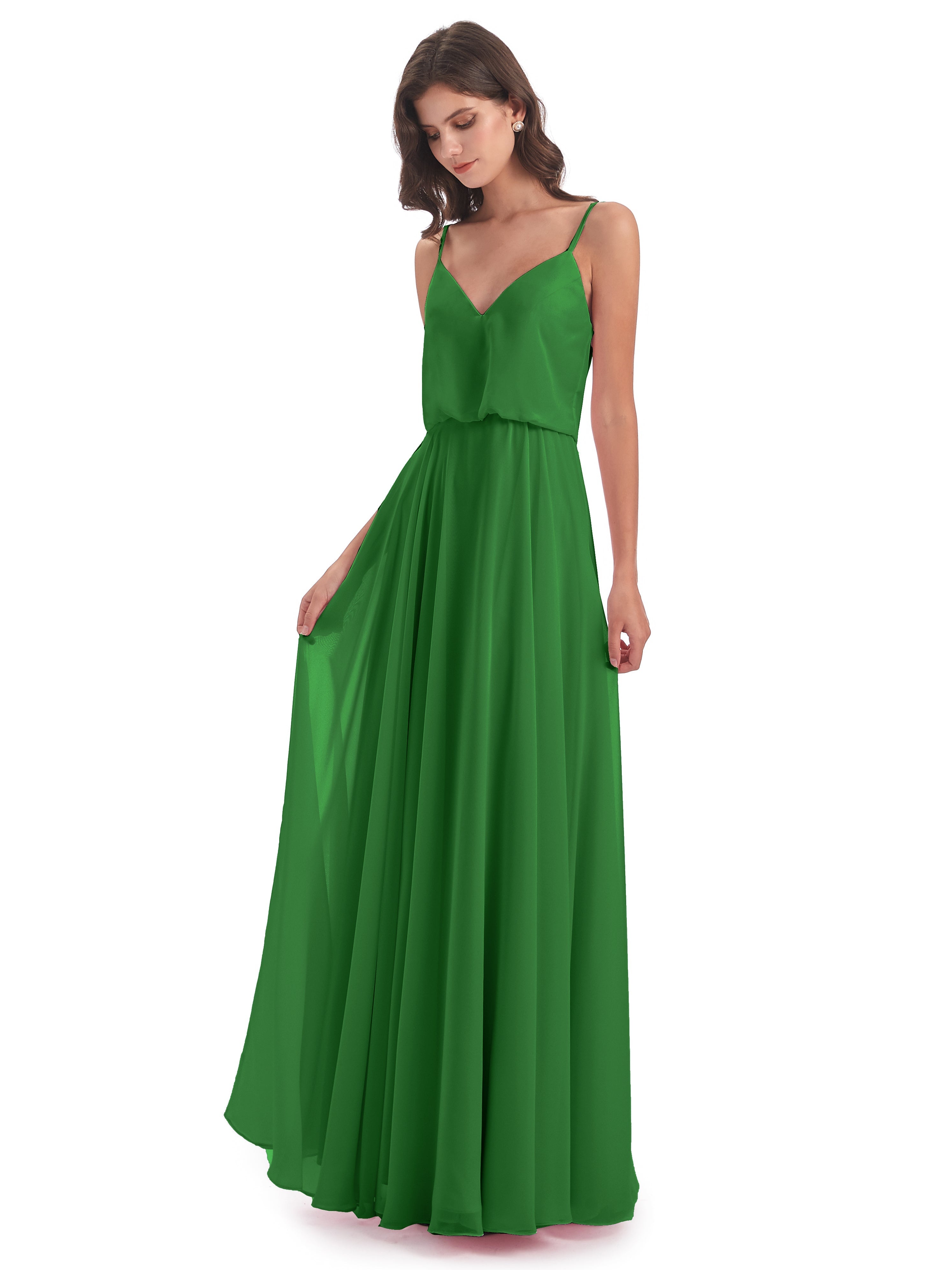 Robes De Demoiselle D'Honneur Vert Pin Bretelles Spaghetti Mousseline Longue Robes Demoiselle D'Honneur