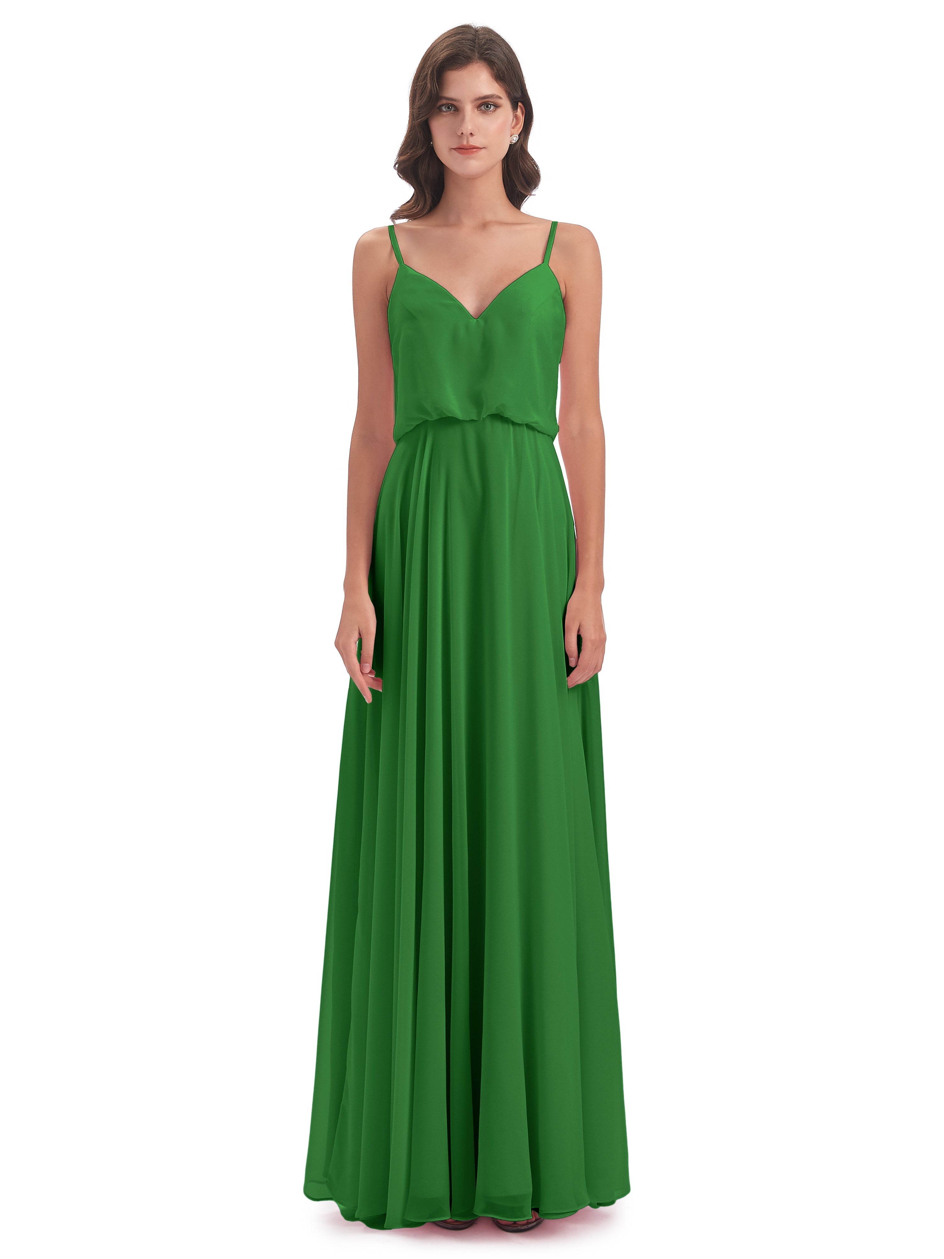 Robes De Demoiselle D'Honneur Vert Pin Bretelles Spaghetti Mousseline Longue Robes Demoiselle D'Honneur