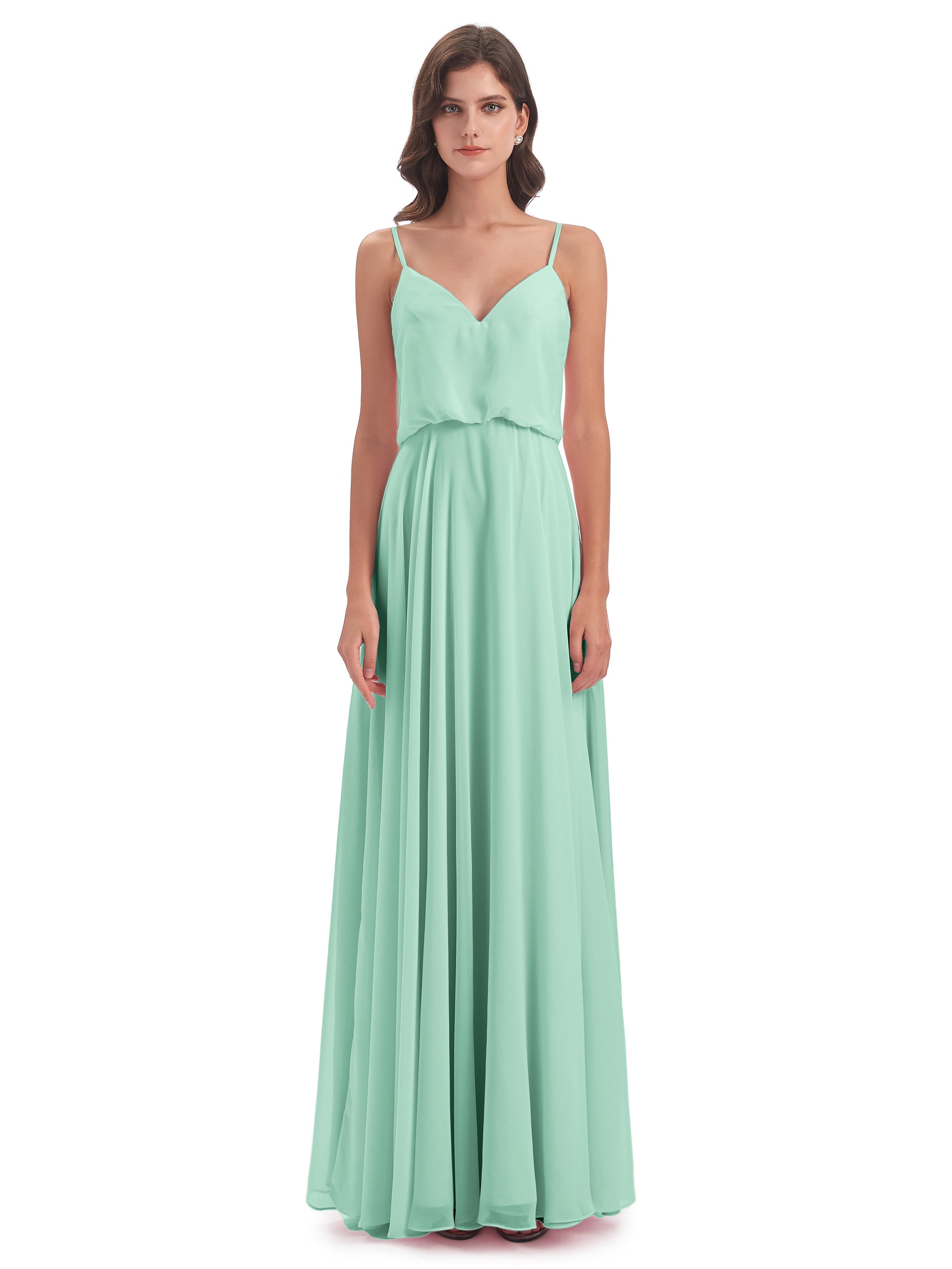 Robes De Demoiselle D'Honneur Vert Menthe Bretelles Spaghetti Mousseline Longue Robes Demoiselle D'Honneur