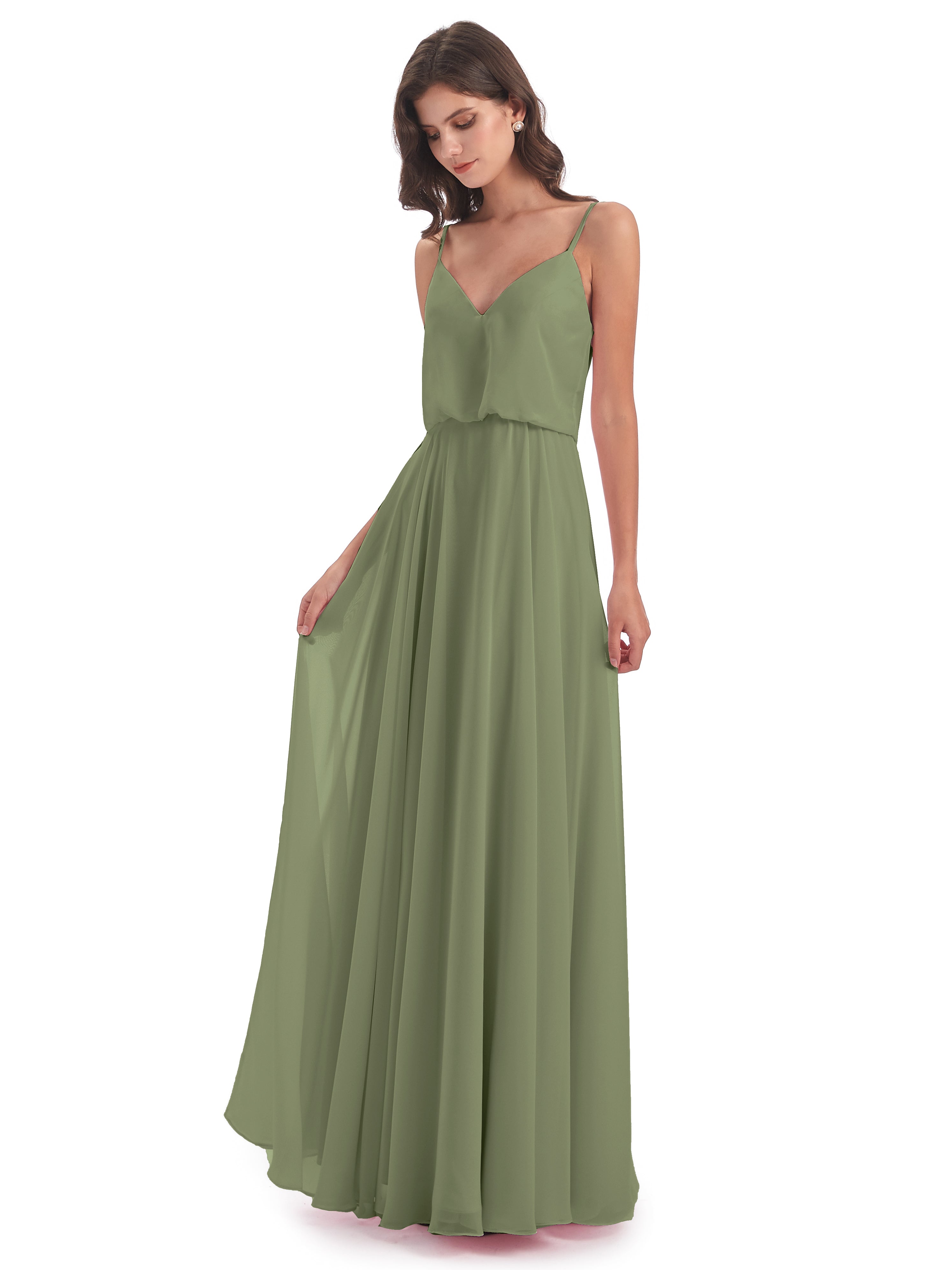 Robes De Demoiselle D'Honneur Vert Olive Bretelles Spaghetti Mousseline Longue Robes Demoiselle D'Honneur