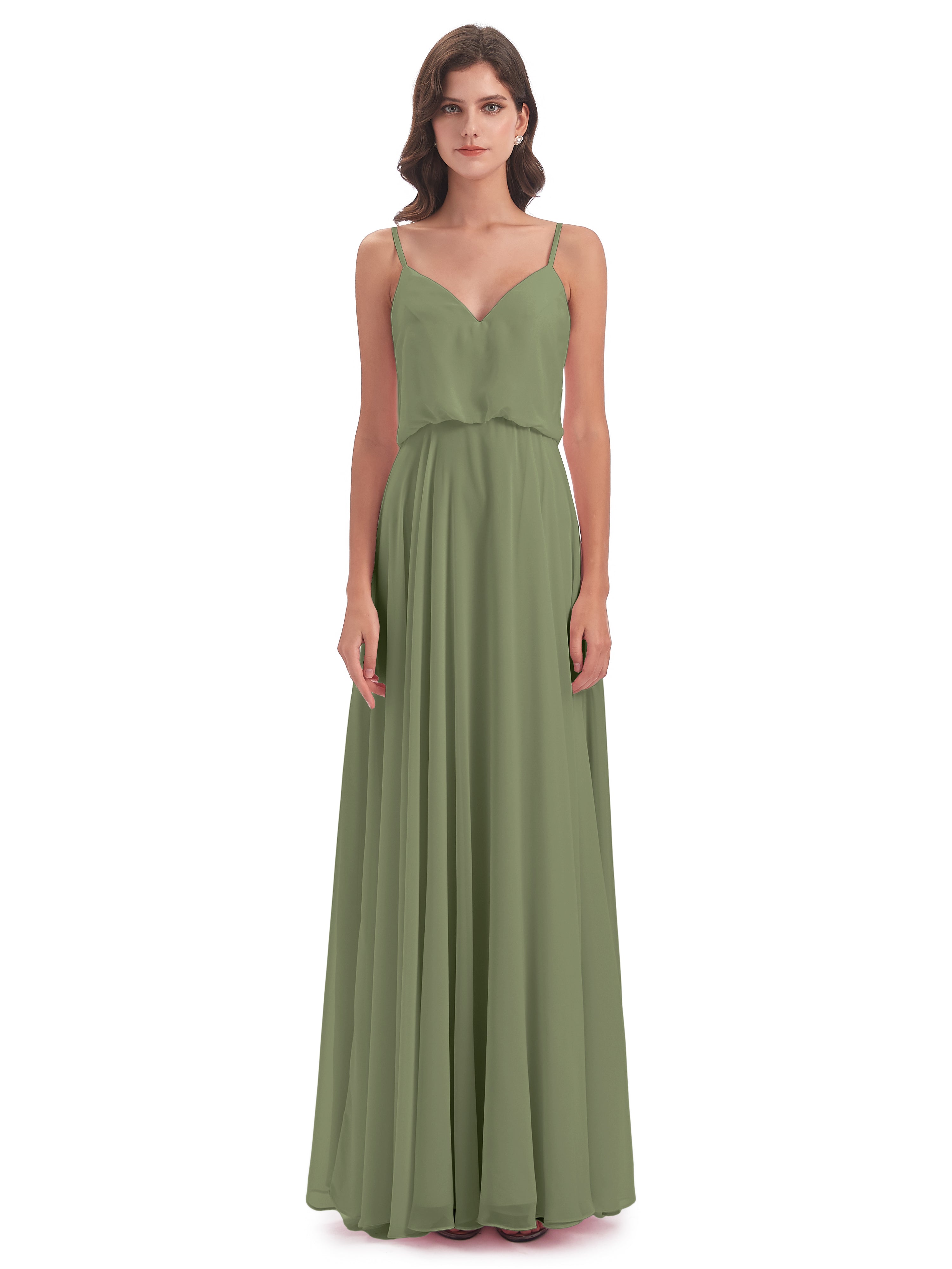 Robes De Demoiselle D'Honneur Vert Olive Bretelles Spaghetti Mousseline Longue Robes Demoiselle D'Honneur