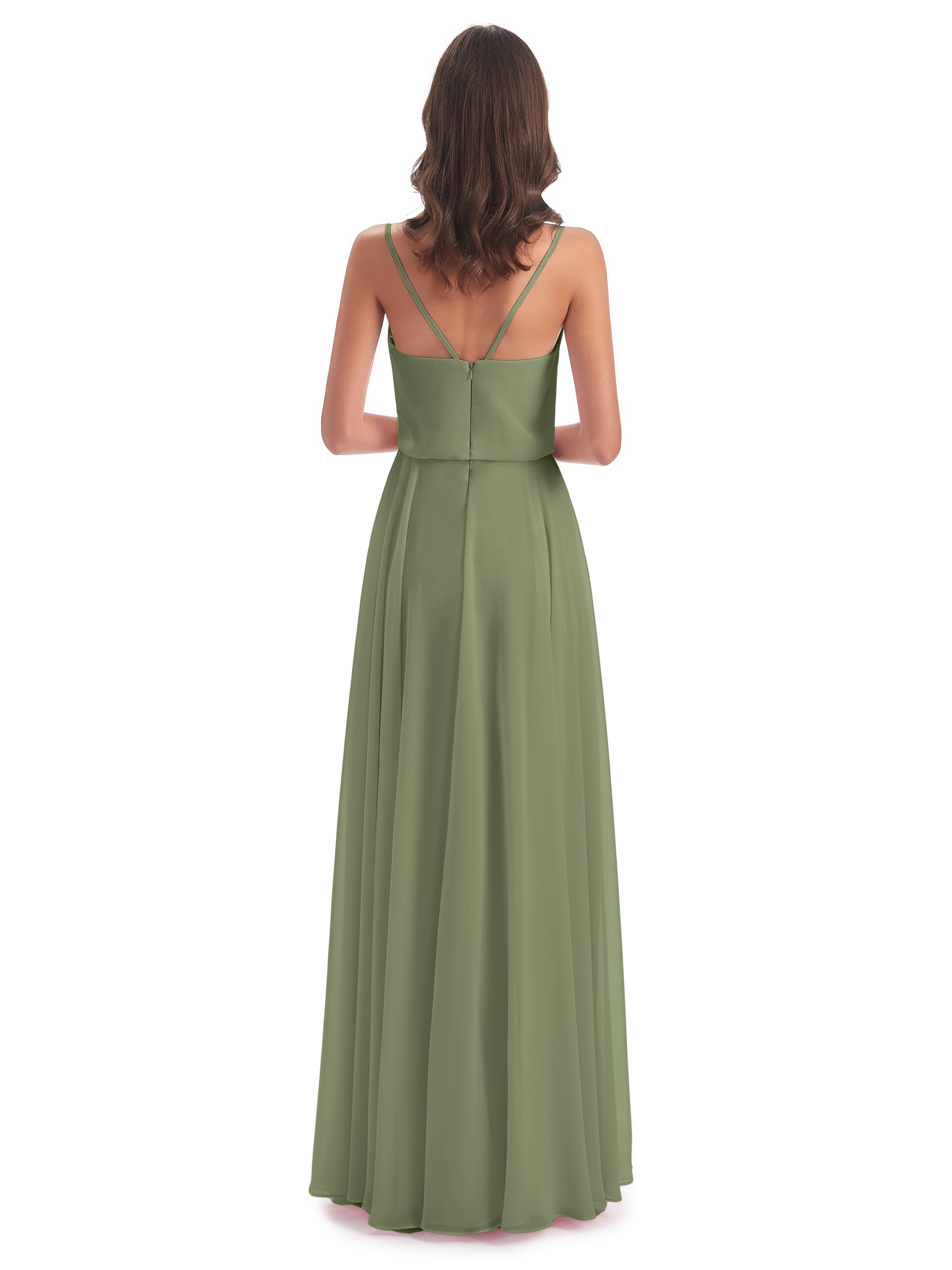 Robes De Demoiselle D'Honneur Vert Olive Bretelles Spaghetti Mousseline Longue Robes Demoiselle D'Honneur