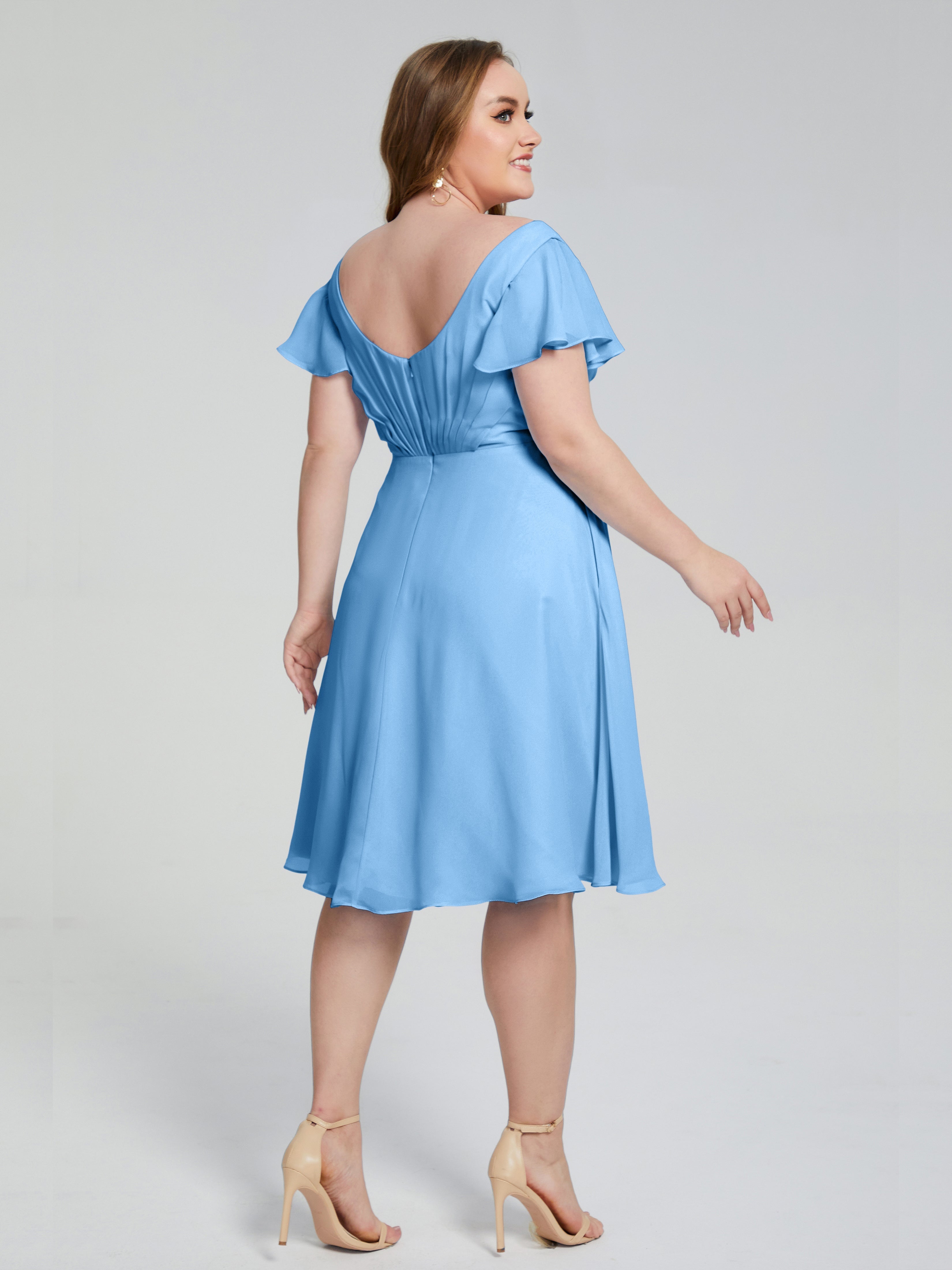 Robe De Demoiselle D Honneur Bleue Longueur Genou Manches Courtes Mousseline Robes Demoiselle D'Honneur Grande Taille