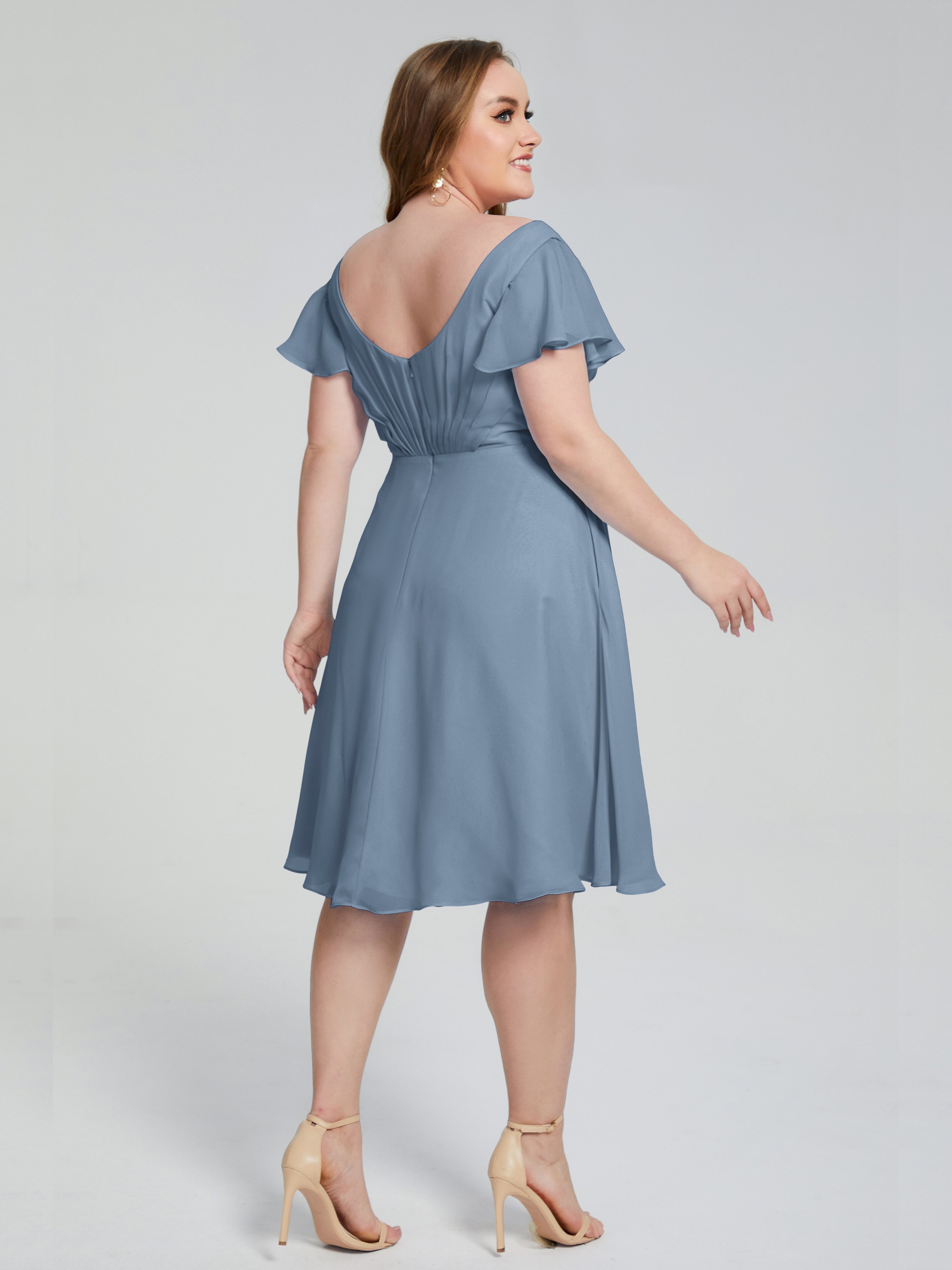 Robes De Demoiselle D'Honneur Bleu De Schiste Longueur Genou Manches Courtes Mousseline Robes Demoiselle D'Honneur Grande Taille