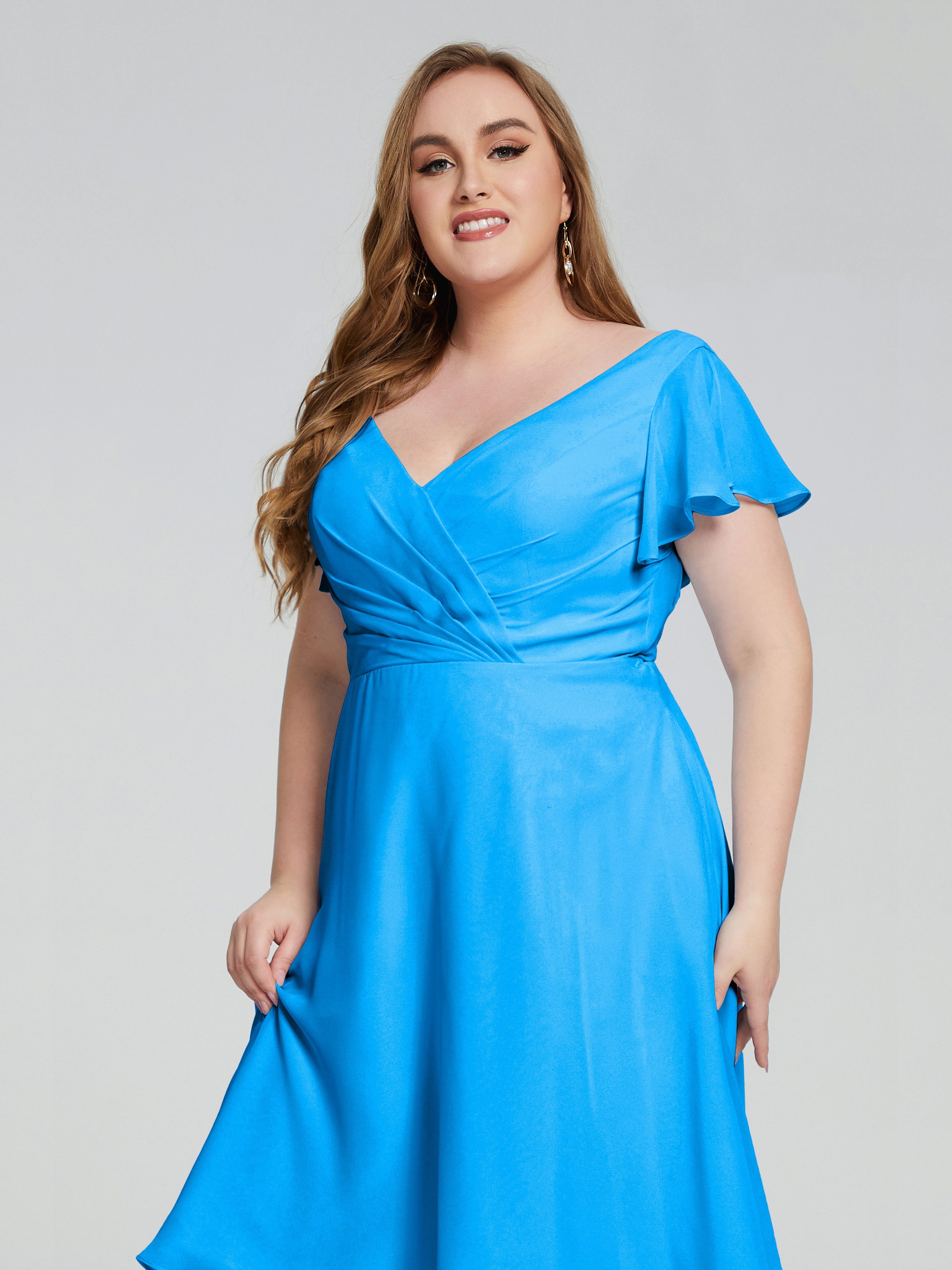 Robes De Demoiselle D'Honneur Bleu Océan Longueur Genou Manches Courtes Mousseline Robes Demoiselle D'Honneur Grande Taille
