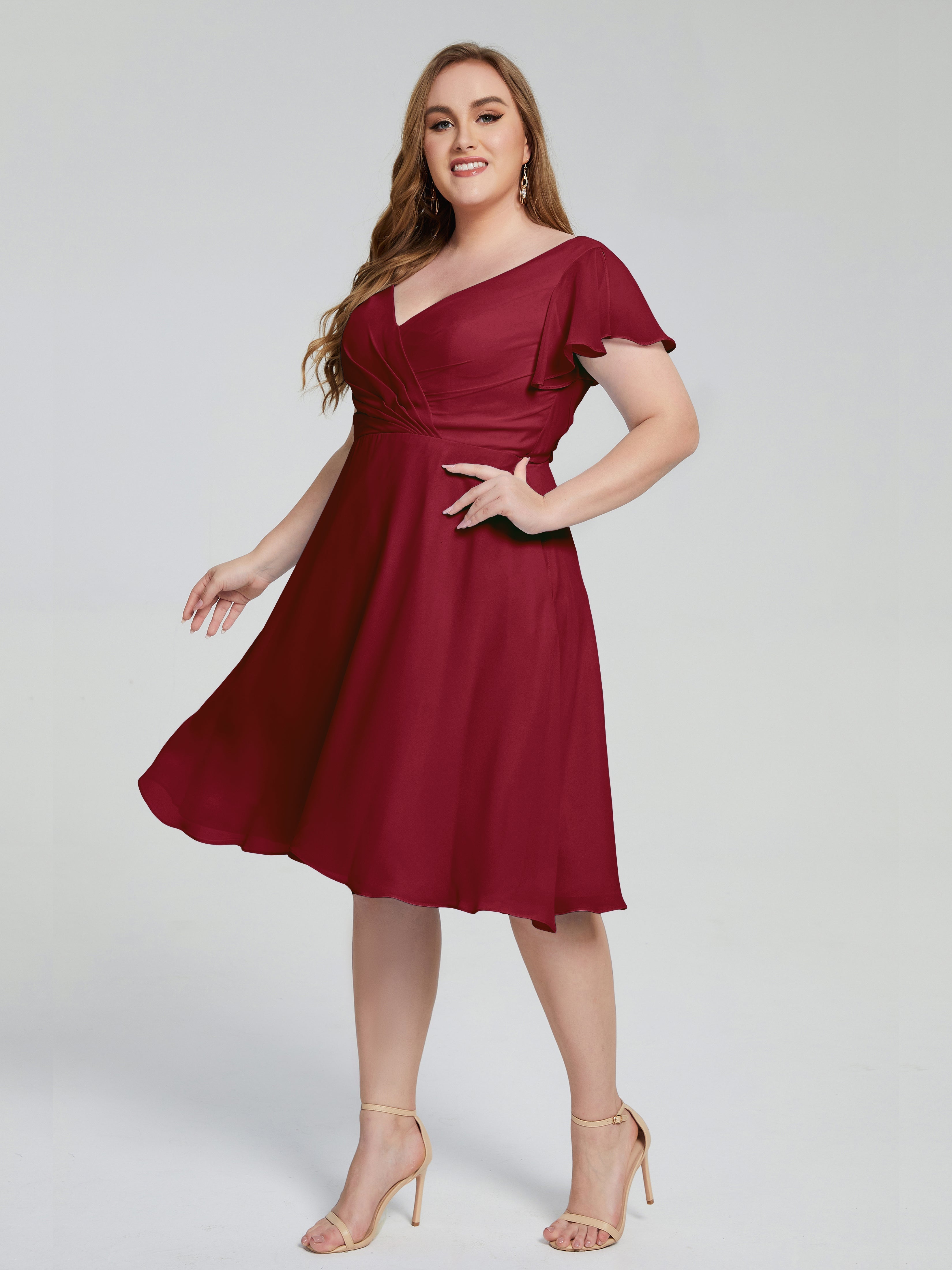 Robe Bordeaux Mariage Demoiselle D Honneur Longueur Genou Manches Courtes Mousseline Robes Demoiselle D'Honneur Grande Taille