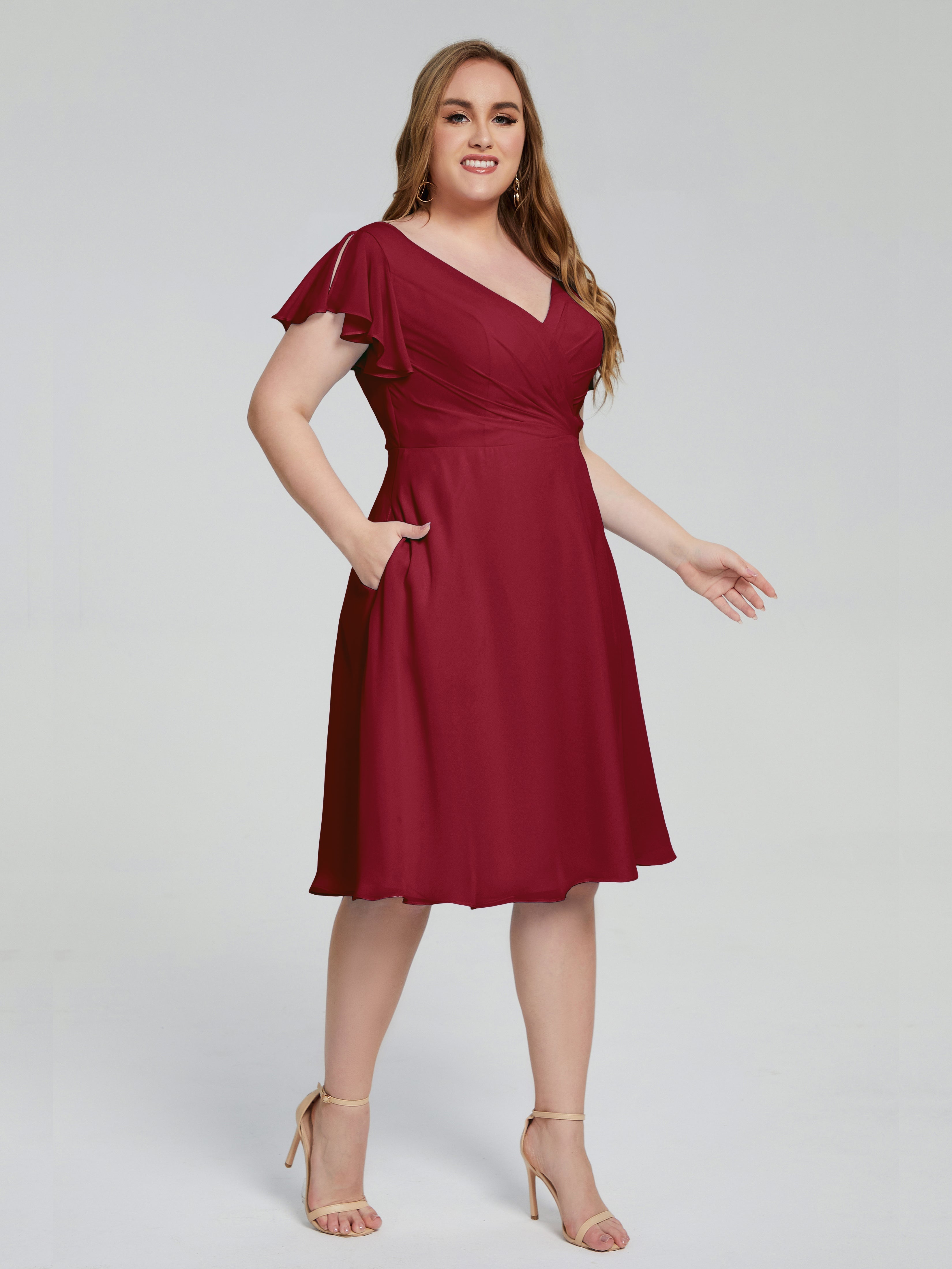 Robe Bordeaux Mariage Demoiselle D Honneur Longueur Genou Manches Courtes Mousseline Robes Demoiselle D'Honneur Grande Taille