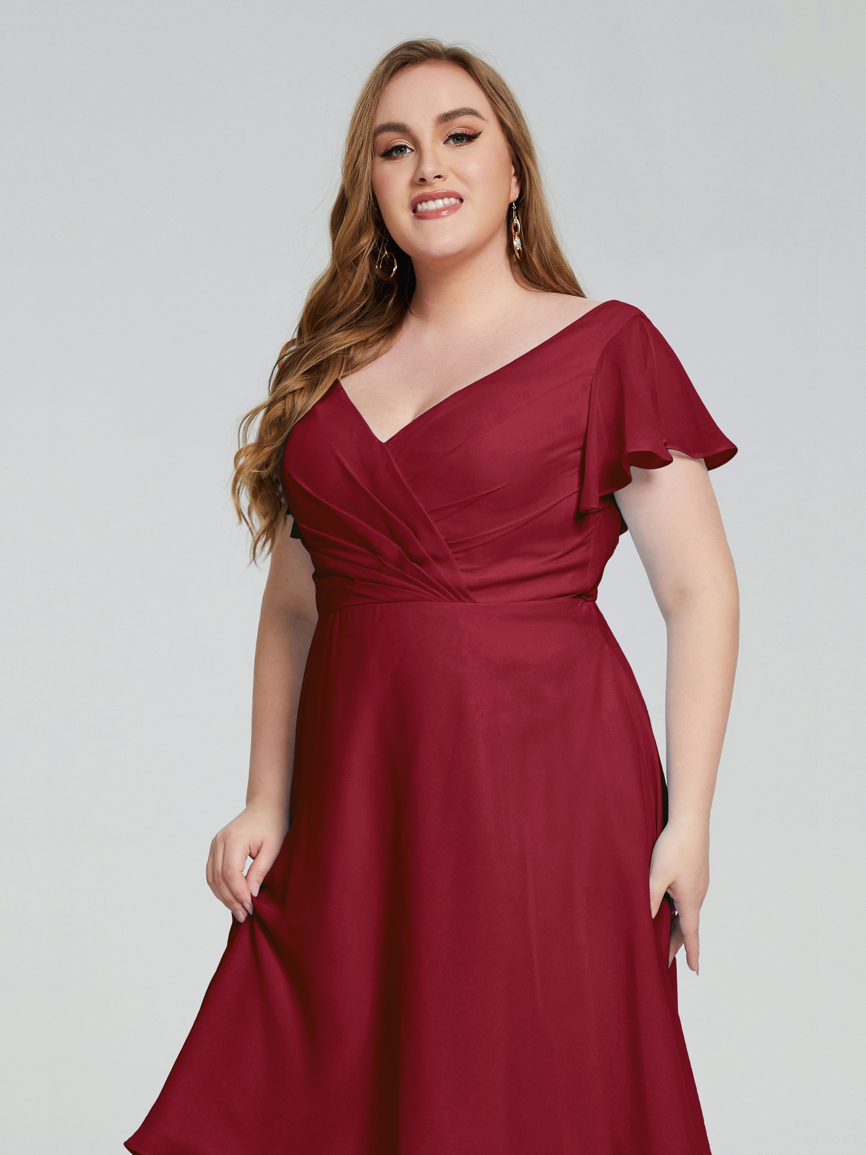 Robe Bordeaux Mariage Demoiselle D Honneur Longueur Genou Manches Courtes Mousseline Robes Demoiselle D'Honneur Grande Taille