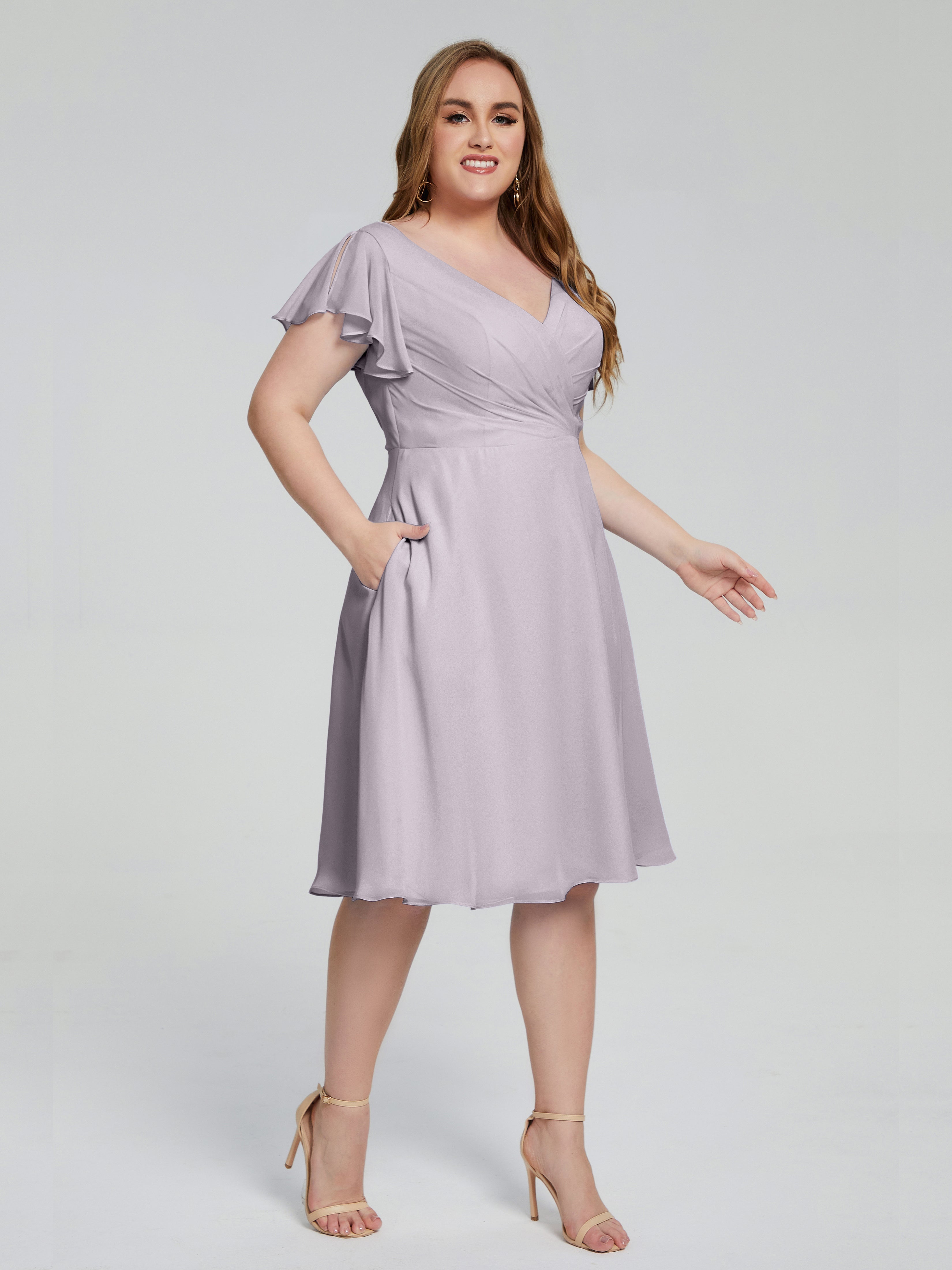 Robes De Demoiselle D'Honneur Crépuscule Longueur Genou Manches Courtes Mousseline Robes Demoiselle D'Honneur Grande Taille