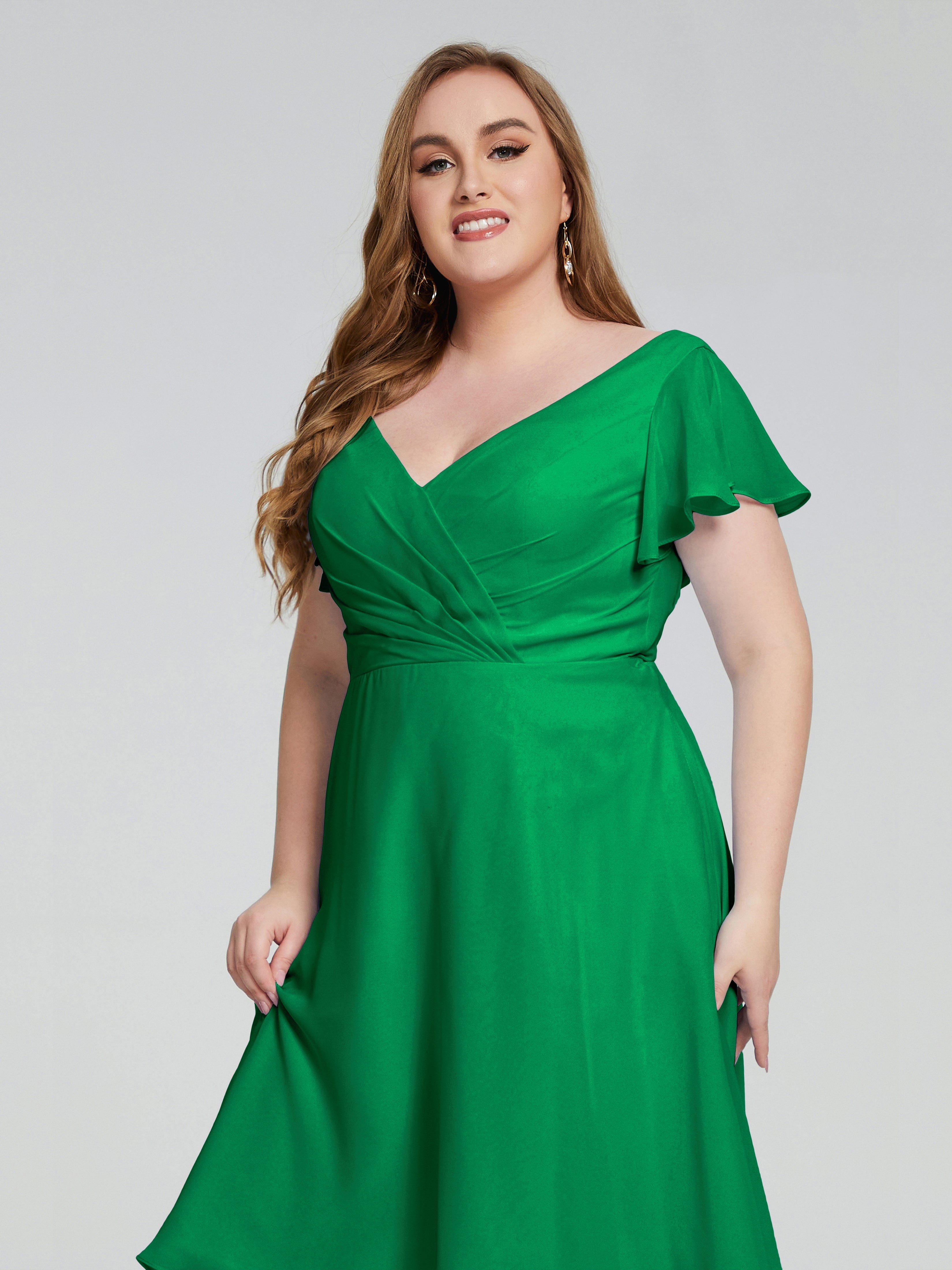 Robe Vert Emeraude Demoiselle D Honneur Longueur Genou Manches Courtes Mousseline Robes Demoiselle D'Honneur Grande Taille