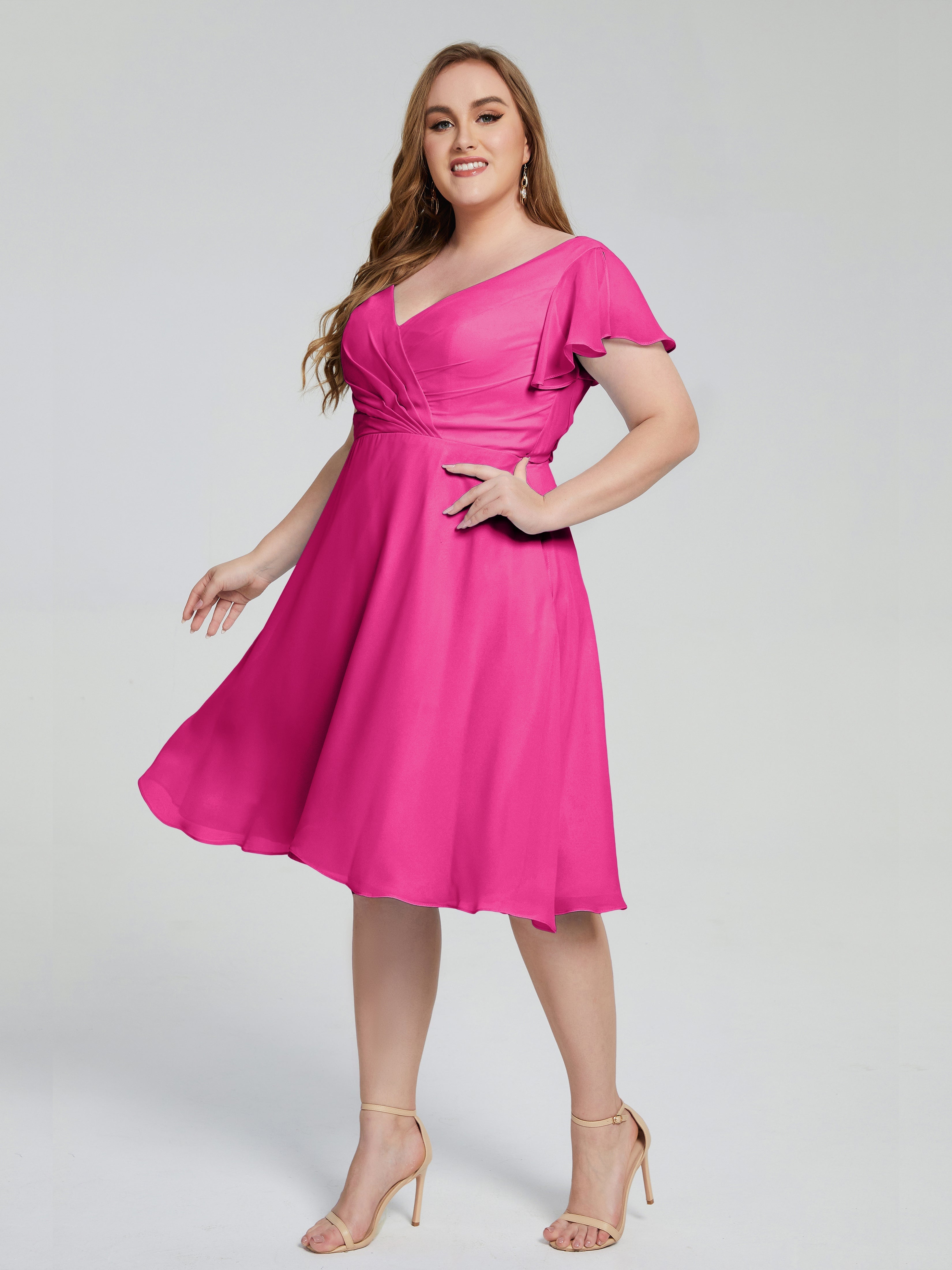 Robe De Demoiselle D Honneur Fuchsia Longueur Genou Manches Courtes Mousseline Robes Demoiselle D'Honneur Grande Taille