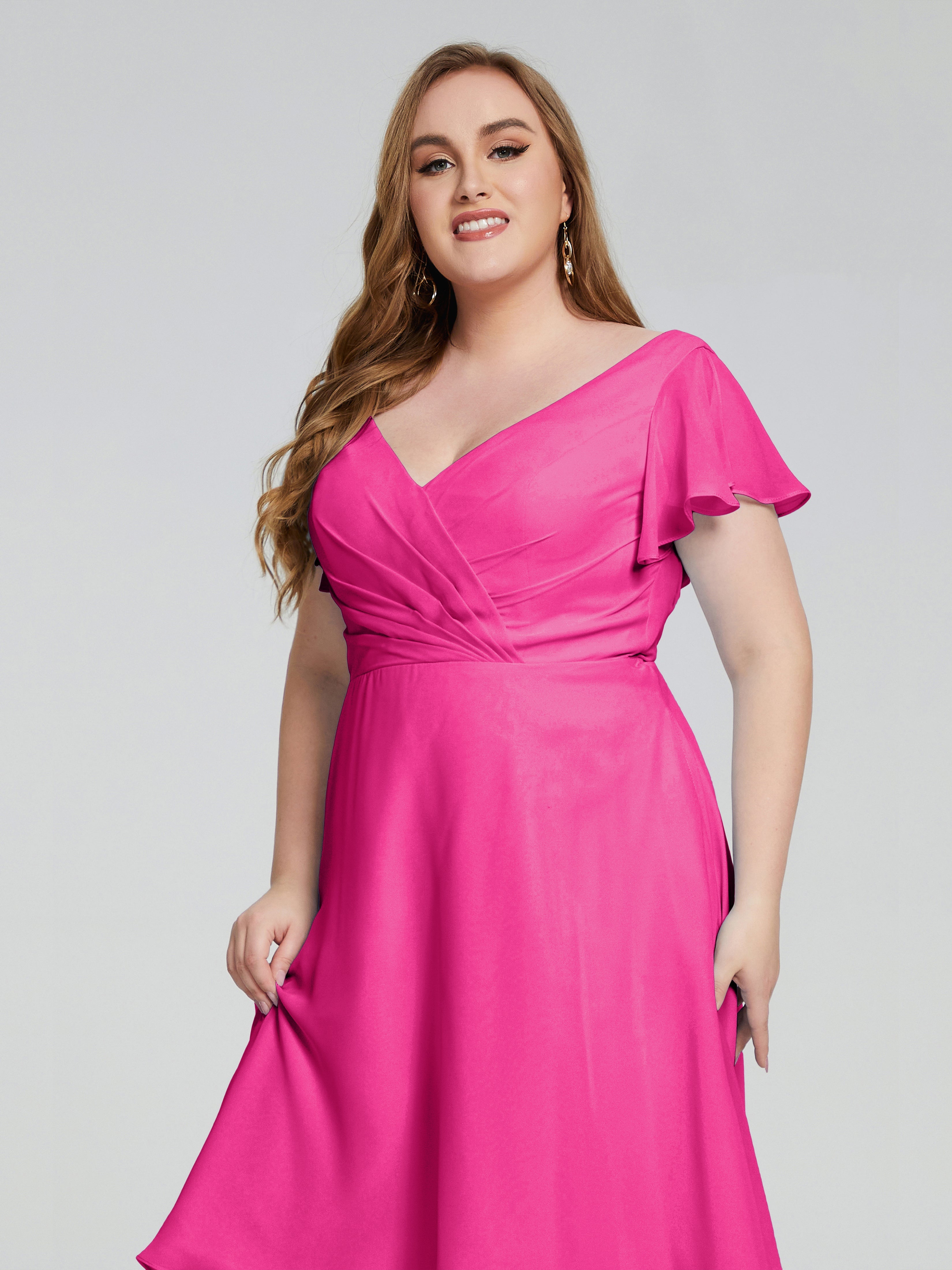 Robe De Demoiselle D Honneur Fuchsia Longueur Genou Manches Courtes Mousseline Robes Demoiselle D'Honneur Grande Taille