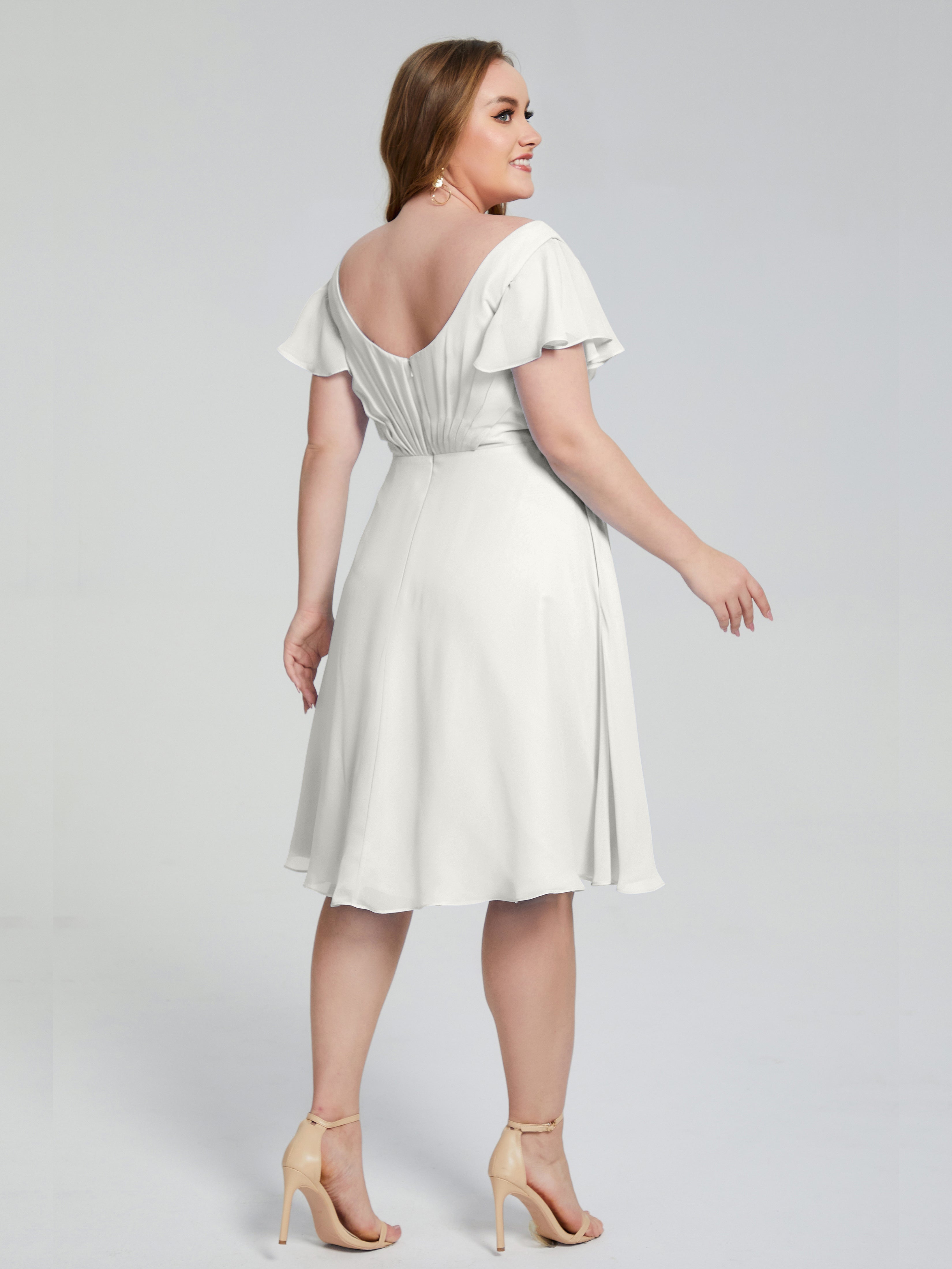 Robes De Demoiselle D'Honneur Ivoire Longueur Genou Manches Courtes Mousseline Robes Demoiselle D'Honneur Grande Taille