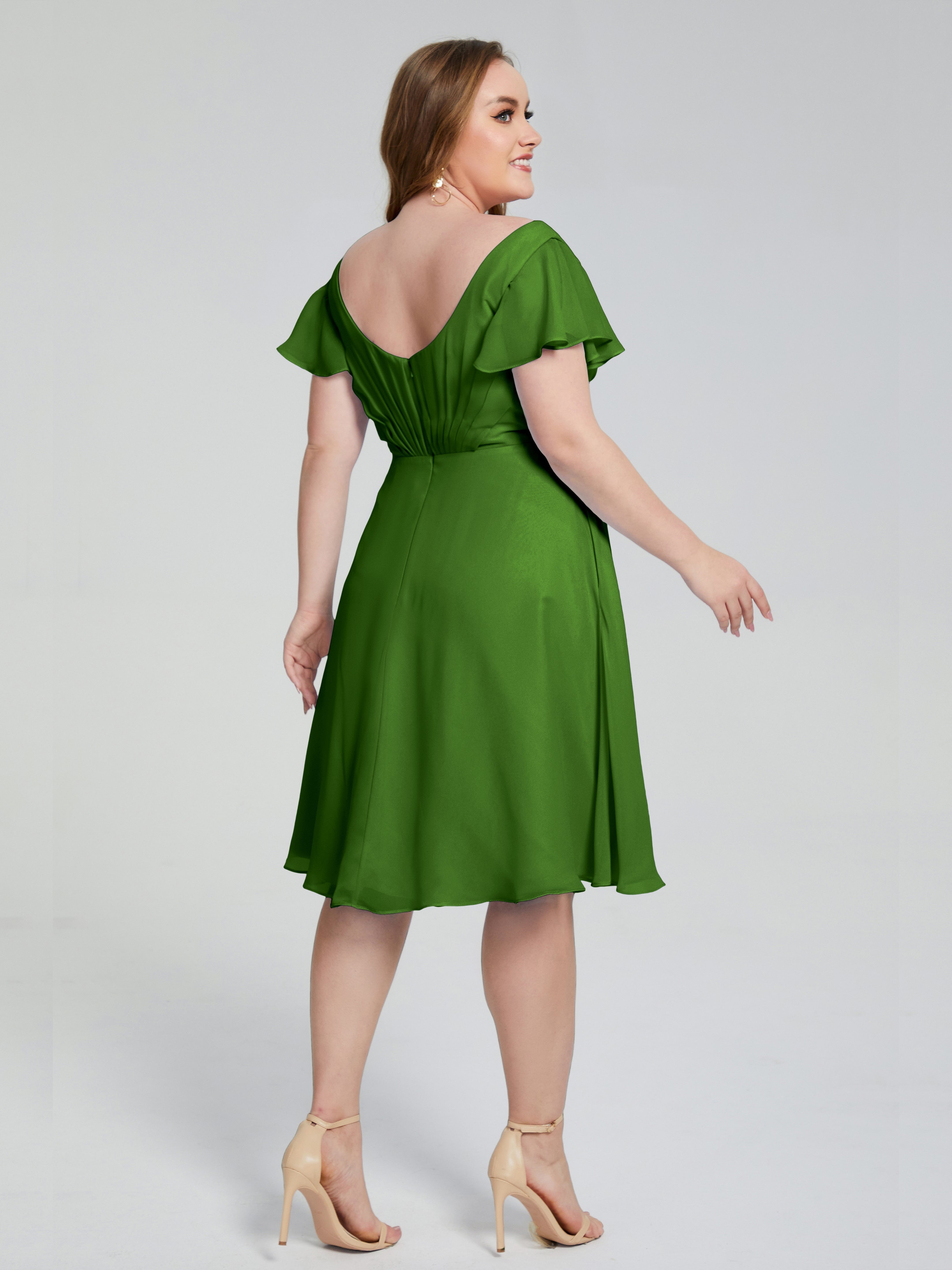 Robes De Demoiselle D'Honneur Vert Mousse Longueur Genou Manches Courtes Mousseline Robes Demoiselle D'Honneur Grande Taille